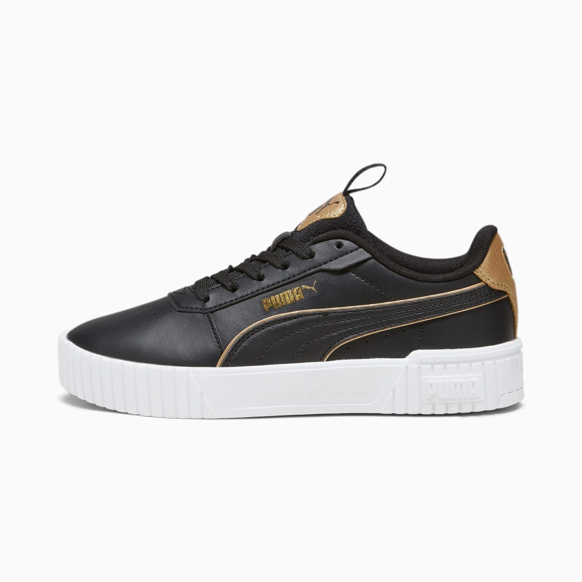 PUMA Carina 2.0 Pop-Up Metallics Youth Sneakers, Black/Gold/White, size 3