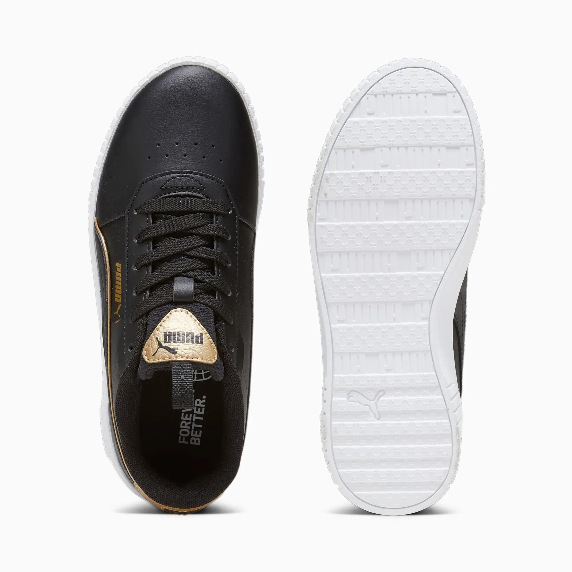 PUMA Carina 2.0 Pop-Up Metallics Youth Sneakers, Black/Gold/White, size 3