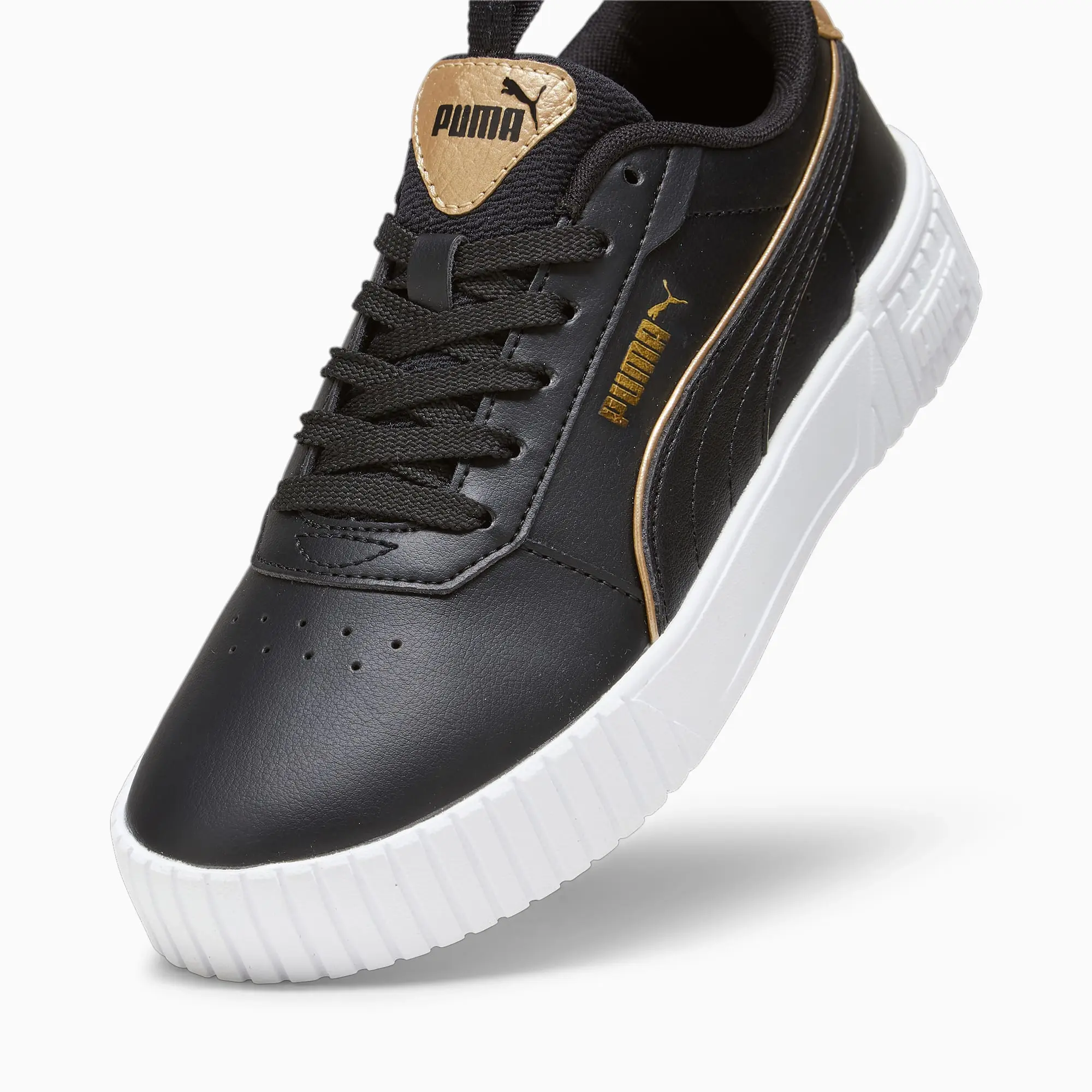 PUMA Carina 2.0 Pop-Up Metallics Youth Sneakers, Black/Gold/White, size 3
