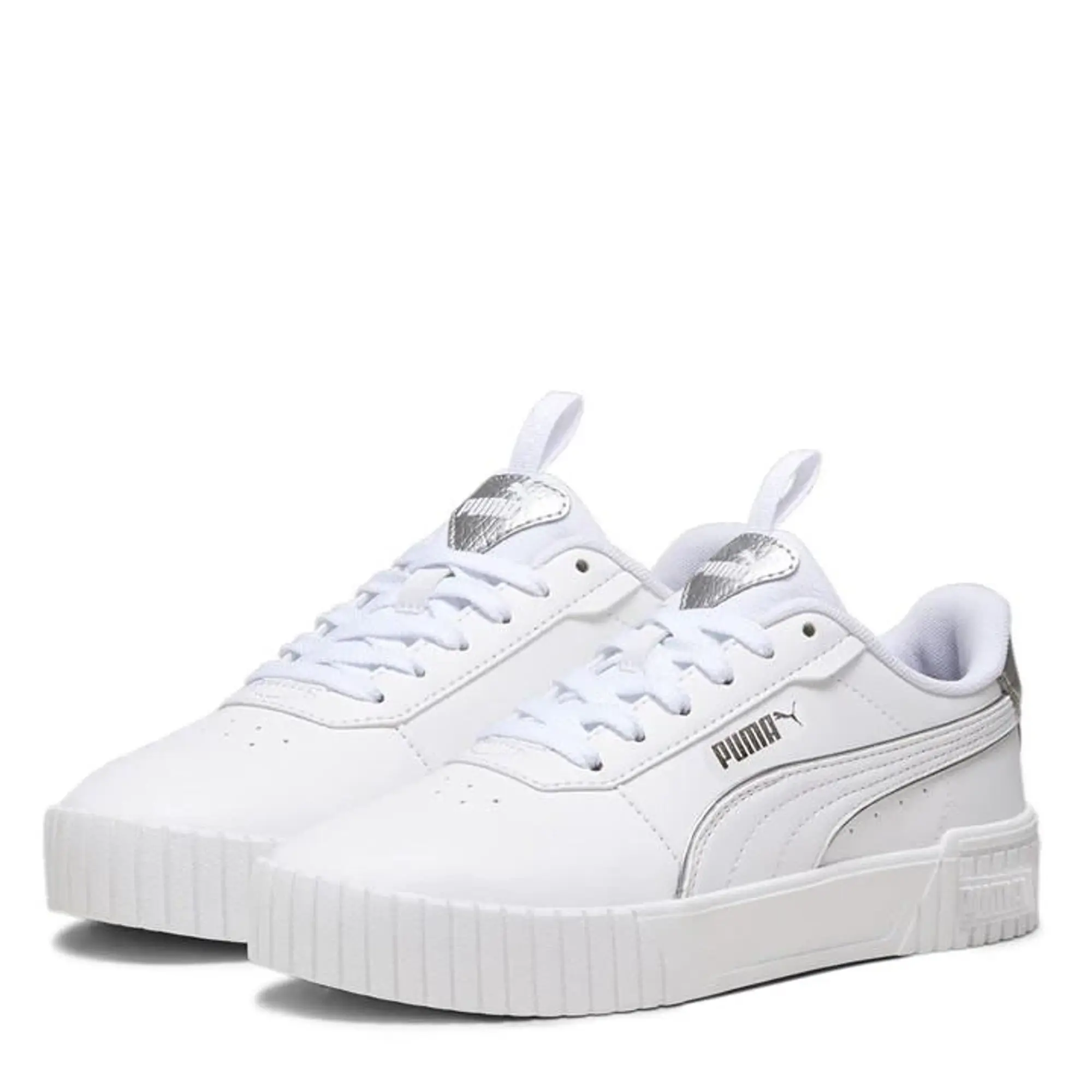 PUMA Carina 2.0 Pop-Up Metallics Youth Sneakers, White/Matte Silver/Silver, size 3