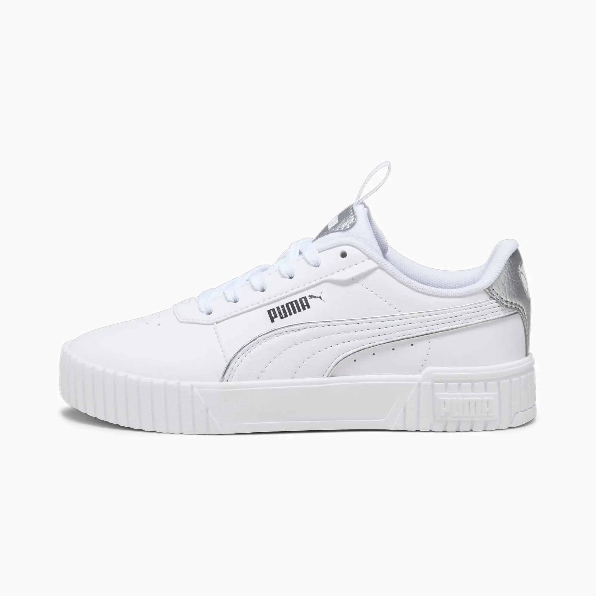PUMA Carina 2.0 Pop-Up Metallics Youth Sneakers, White/Matte Silver/Silver, size 3