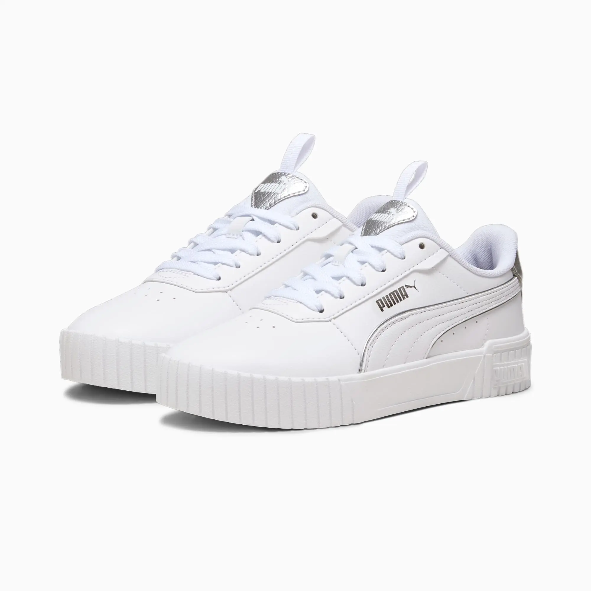PUMA Carina 2.0 Pop-Up Metallics Youth Sneakers, White/Matte Silver/Silver, size 3