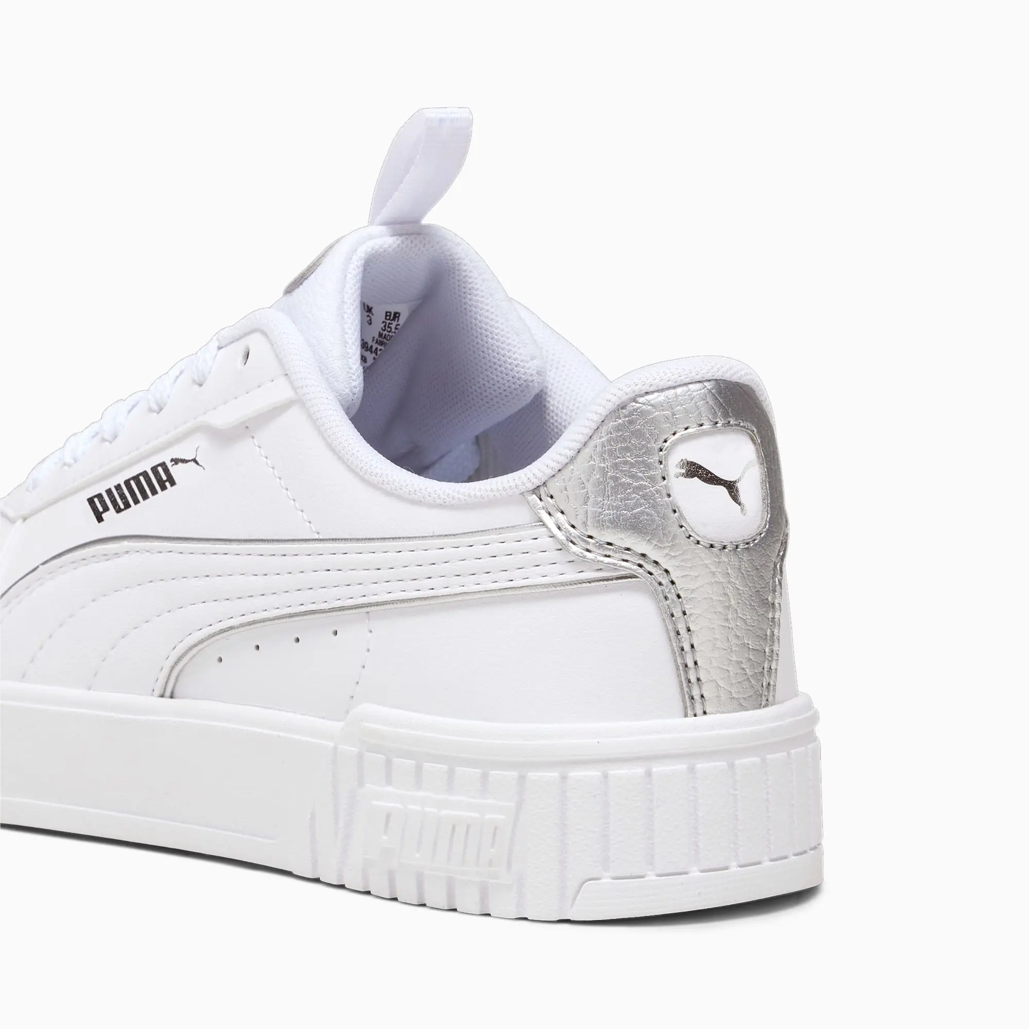 PUMA Carina 2.0 Pop-Up Metallics Youth Sneakers, White/Matte Silver/Silver, size 3