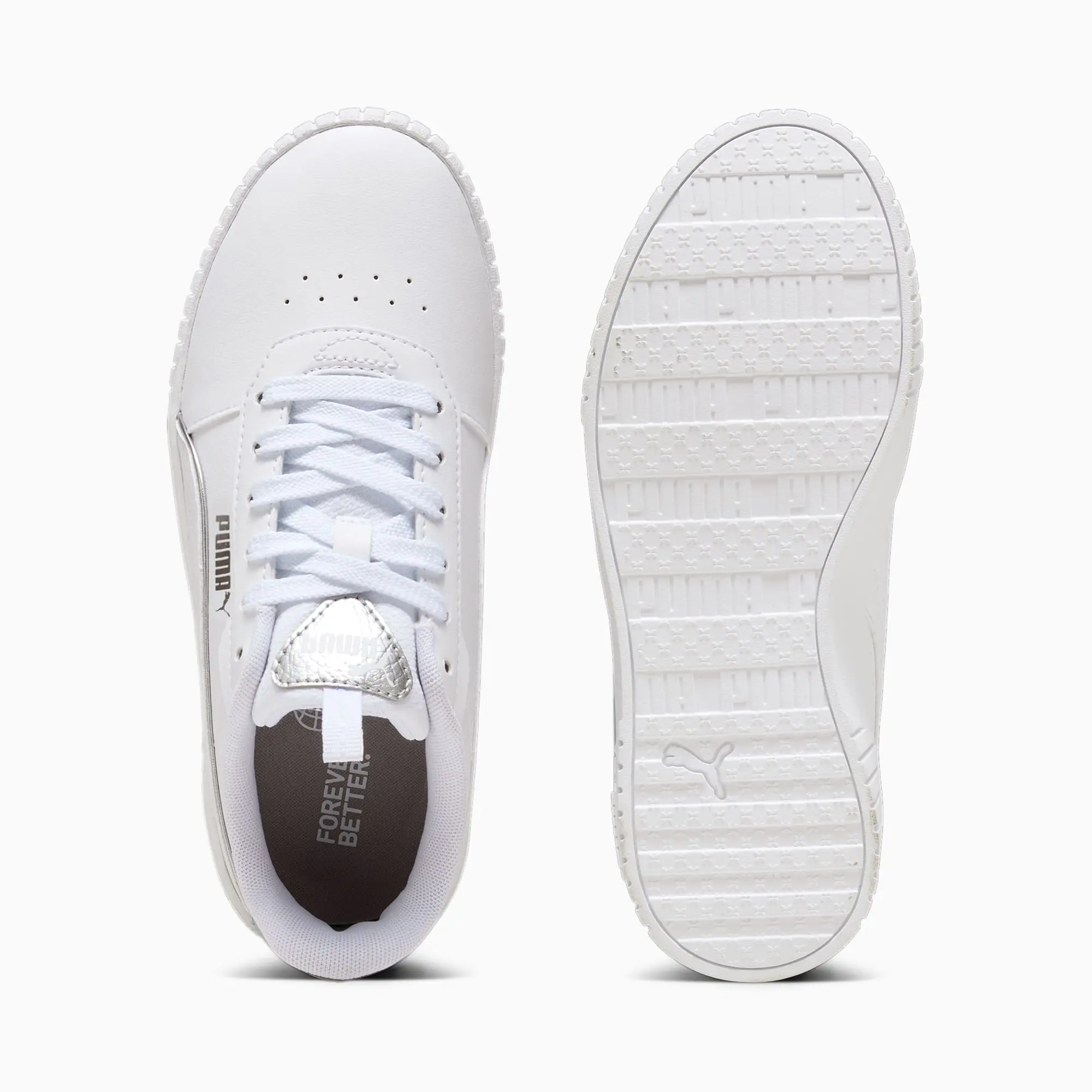 PUMA Carina 2.0 Pop-Up Metallics Youth Sneakers, White/Matte Silver/Silver, size 3