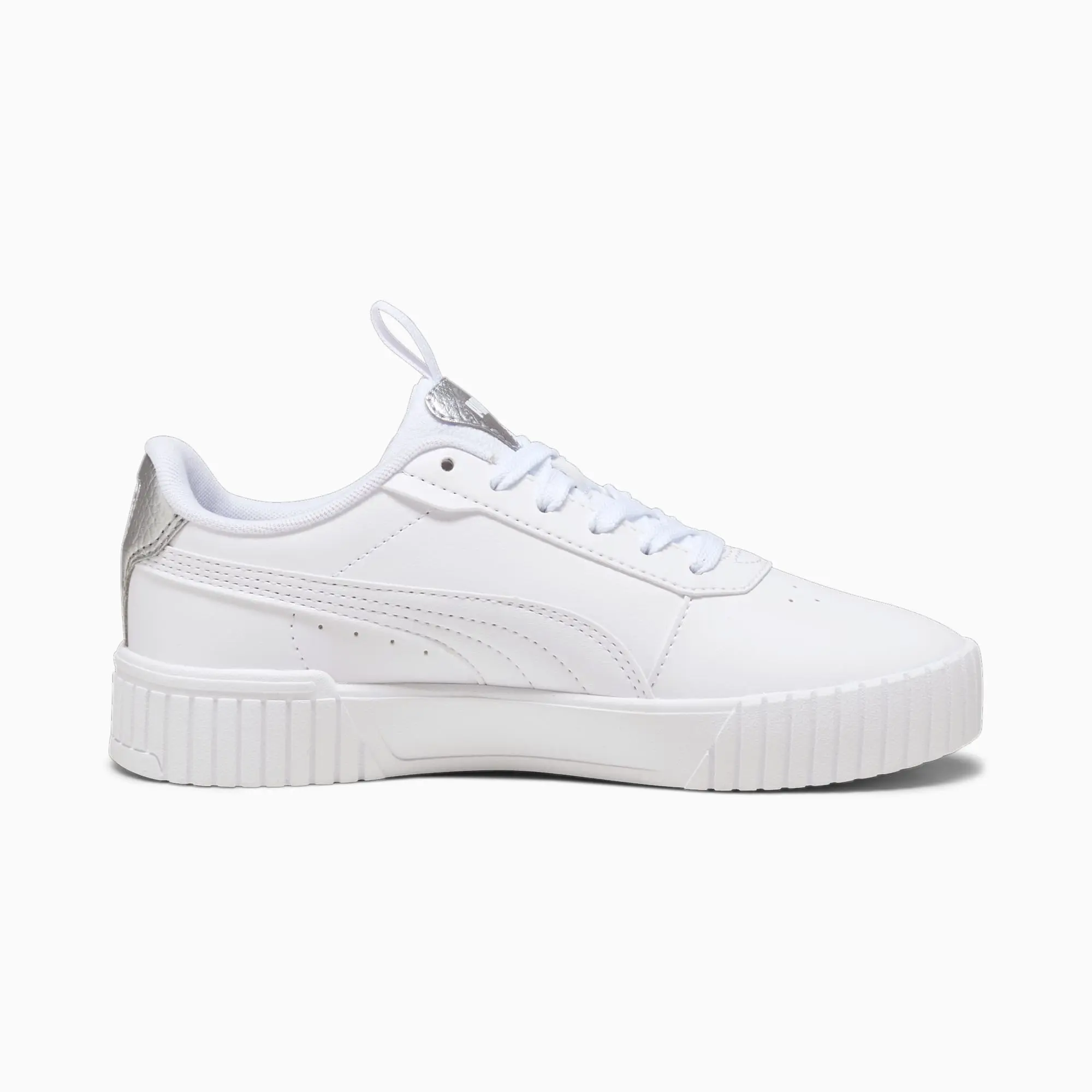 PUMA Carina 2.0 Pop-Up Metallics Youth Sneakers, White/Matte Silver/Silver, size 3