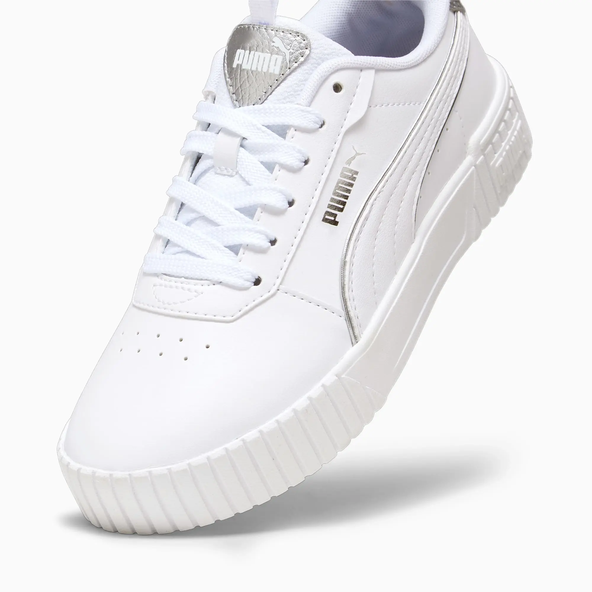 PUMA Carina 2.0 Pop-Up Metallics Youth Sneakers, White/Matte Silver/Silver, size 3