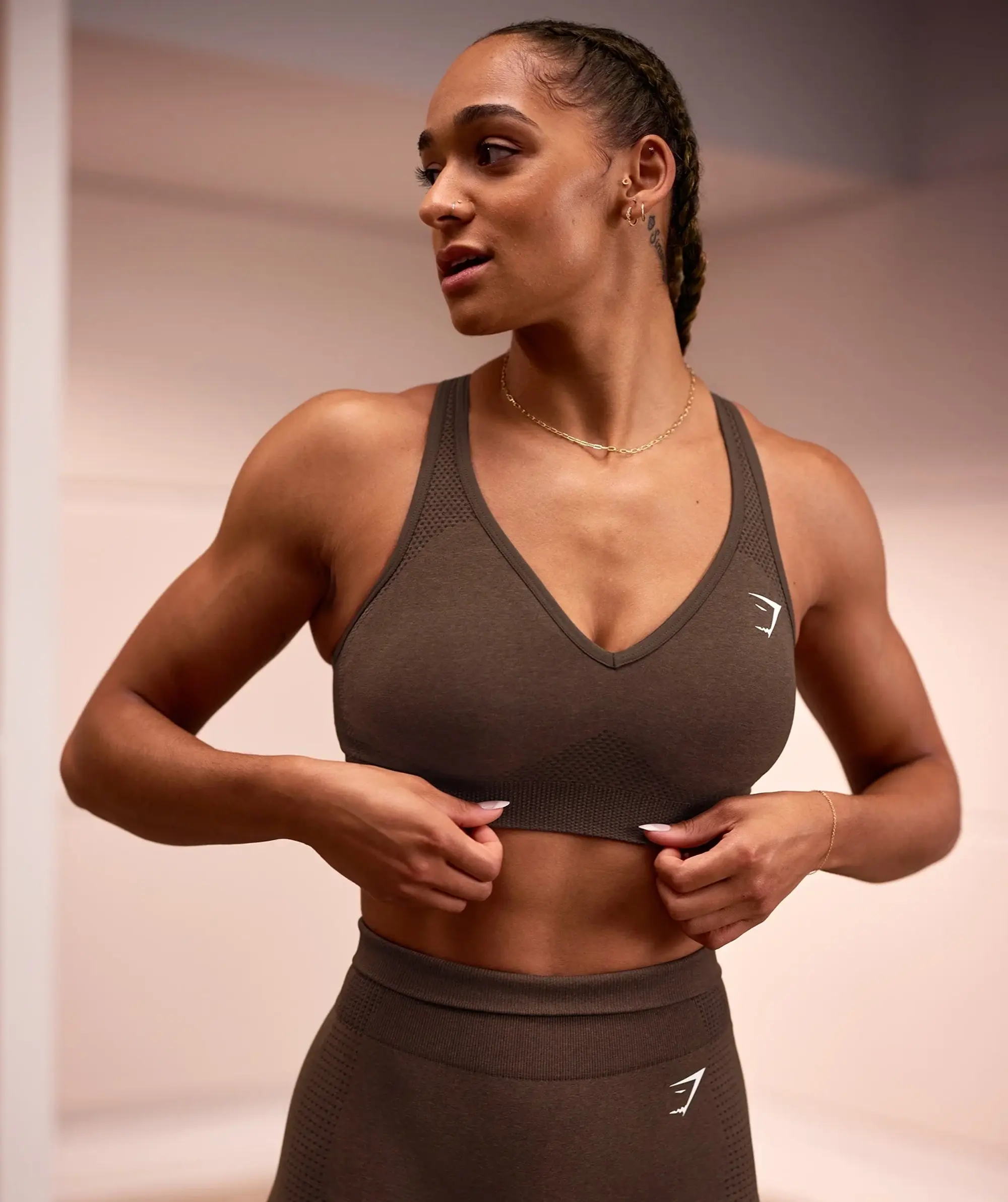  Vital Seamless V Neck  Sports Bra - Espresso Marl