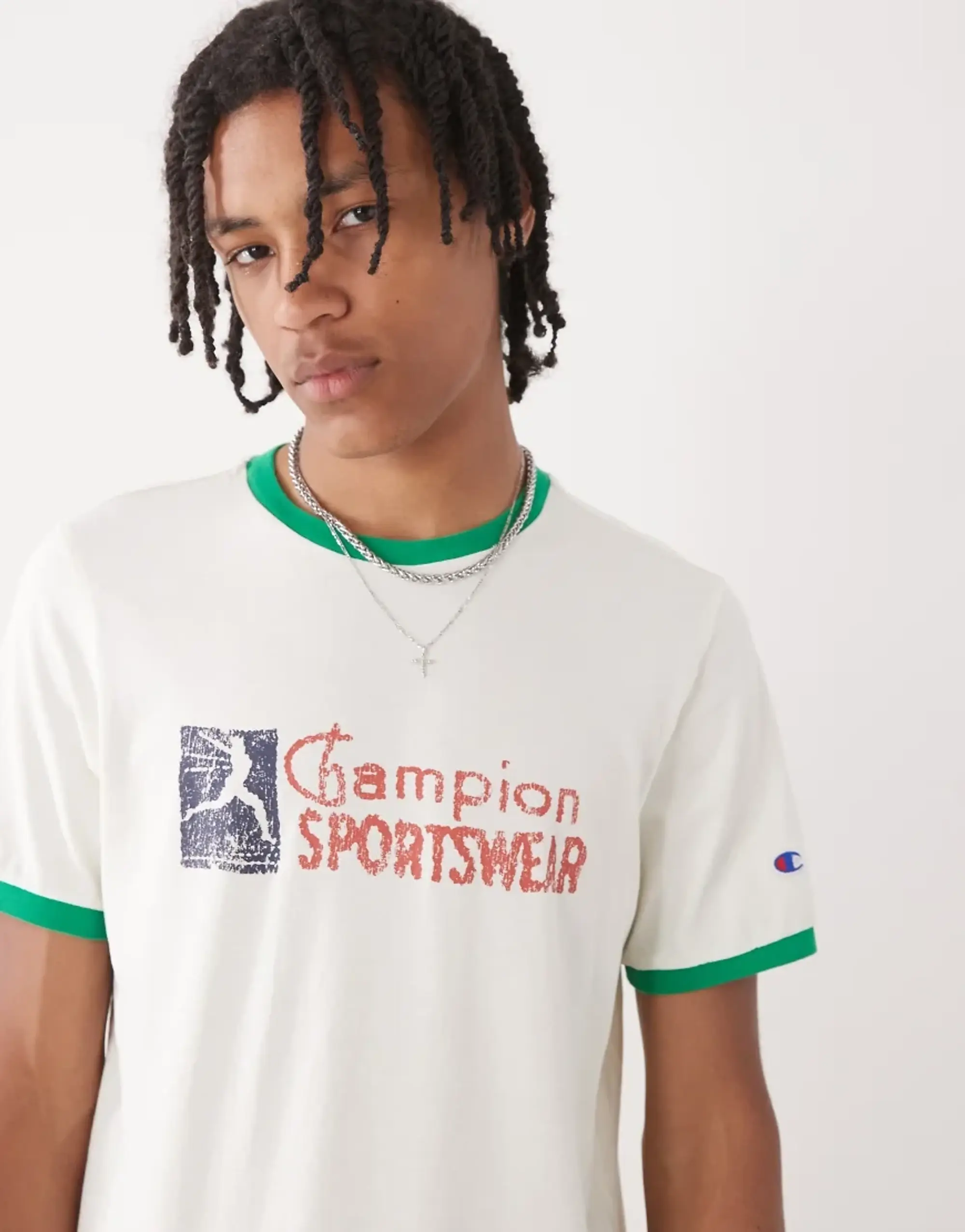 Champion Ringer T-Shirt In Beige And Green-Neutral