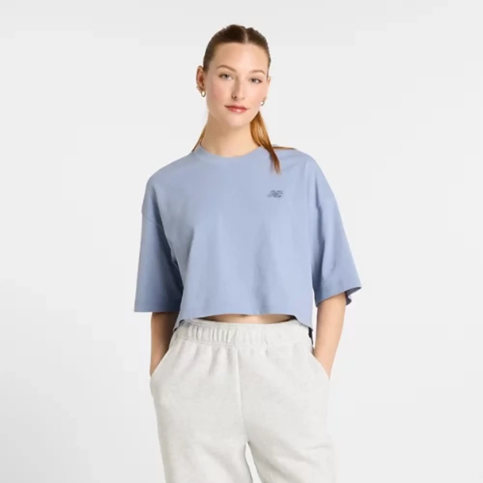 New Balance Women's Logo Oversized Jersey T-Shirt in Blue Cotton Jersey