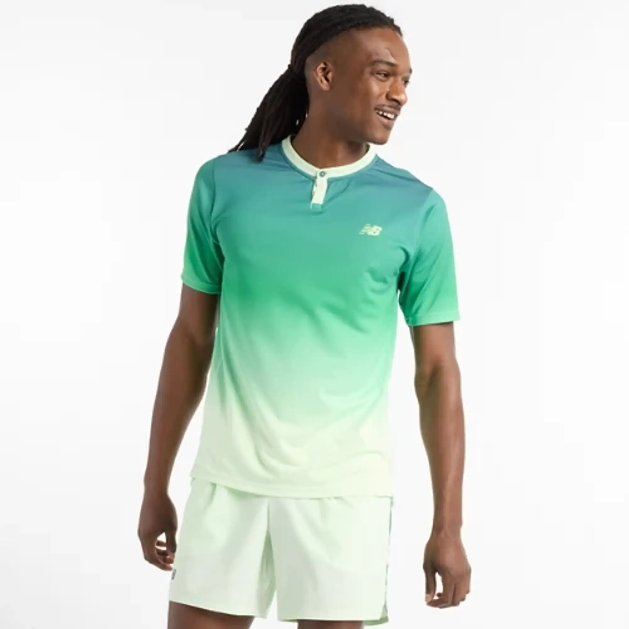 New Balance Men's Printed Tournament Top in Green Poly Knit