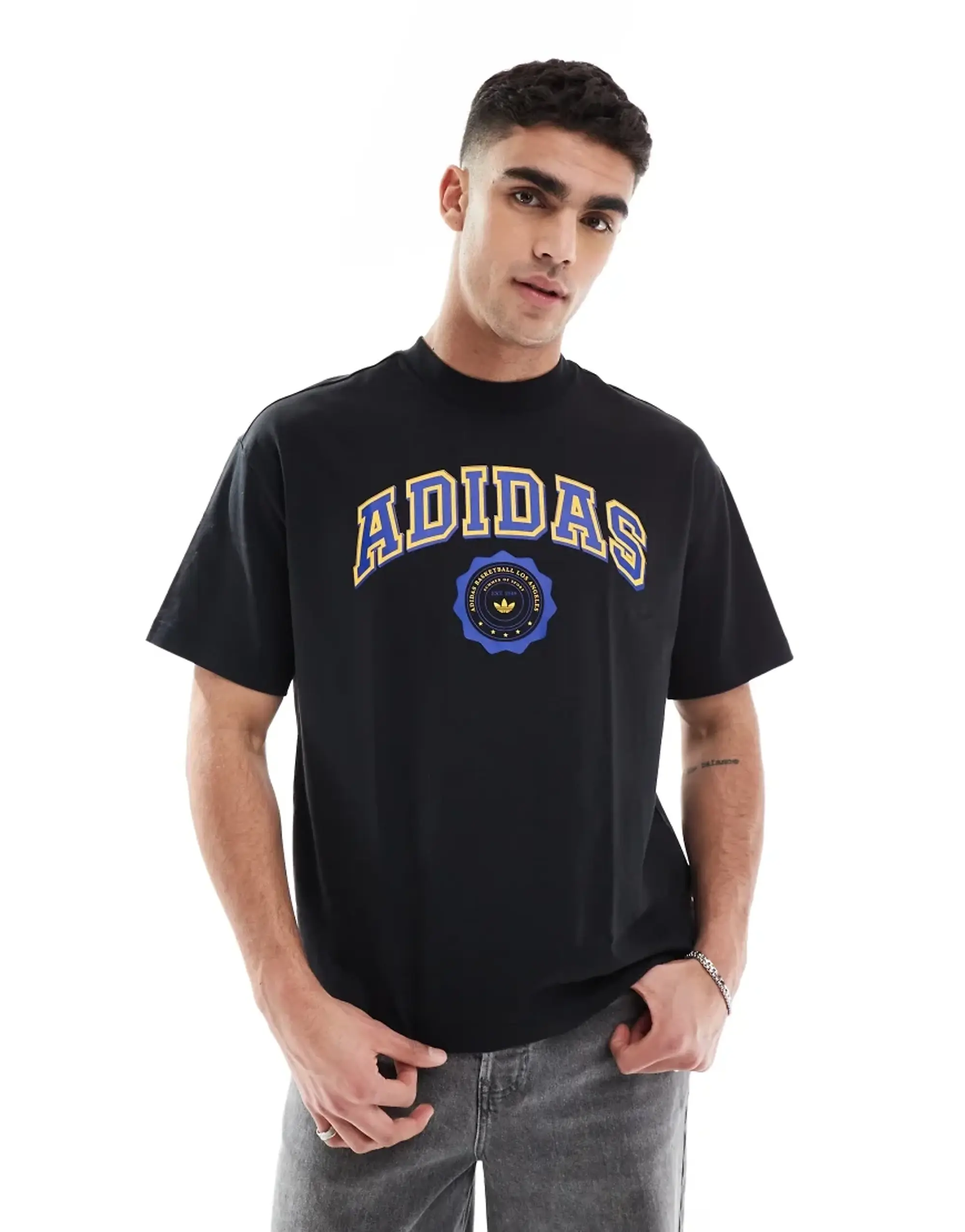Adidas Originals Summer Of Sport Graphic Tee In Black / Royal Blue