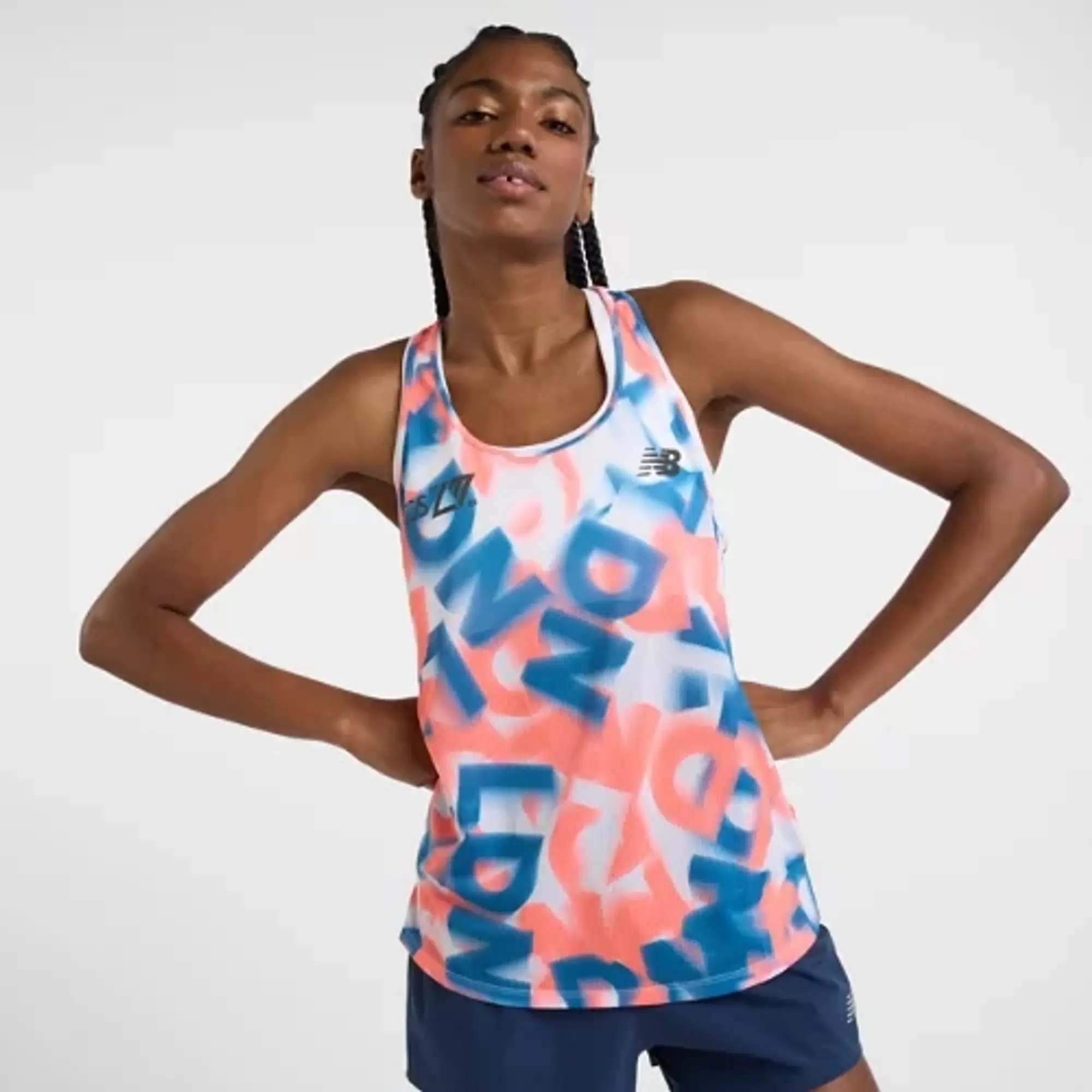 New Balance Women's London Edition Printed Athletics Tank in Blue/Pink Poly Knit