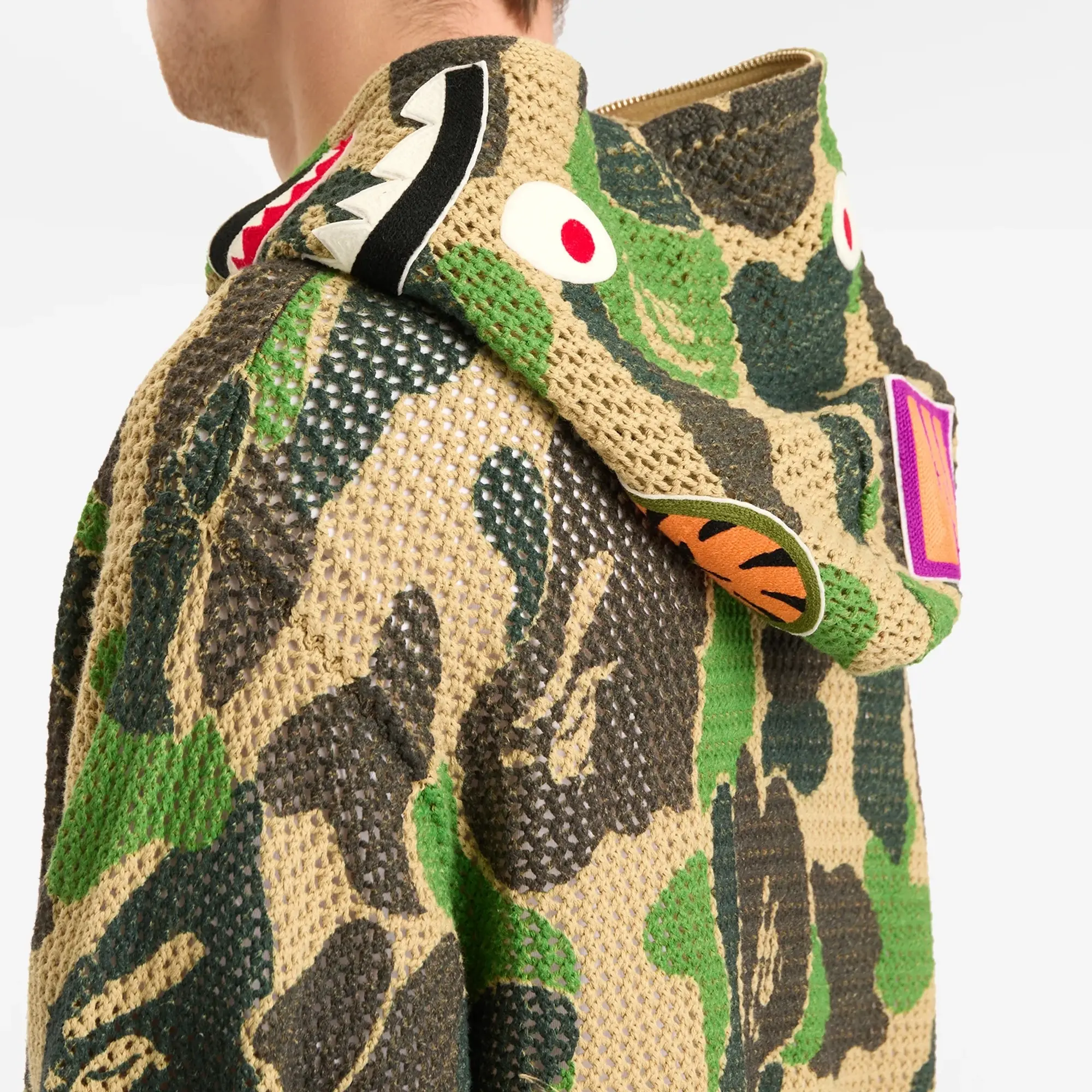 A Bathing Ape Men's Abc Camo Crochet Relaxed Fit Shark Zip Hoodie Green