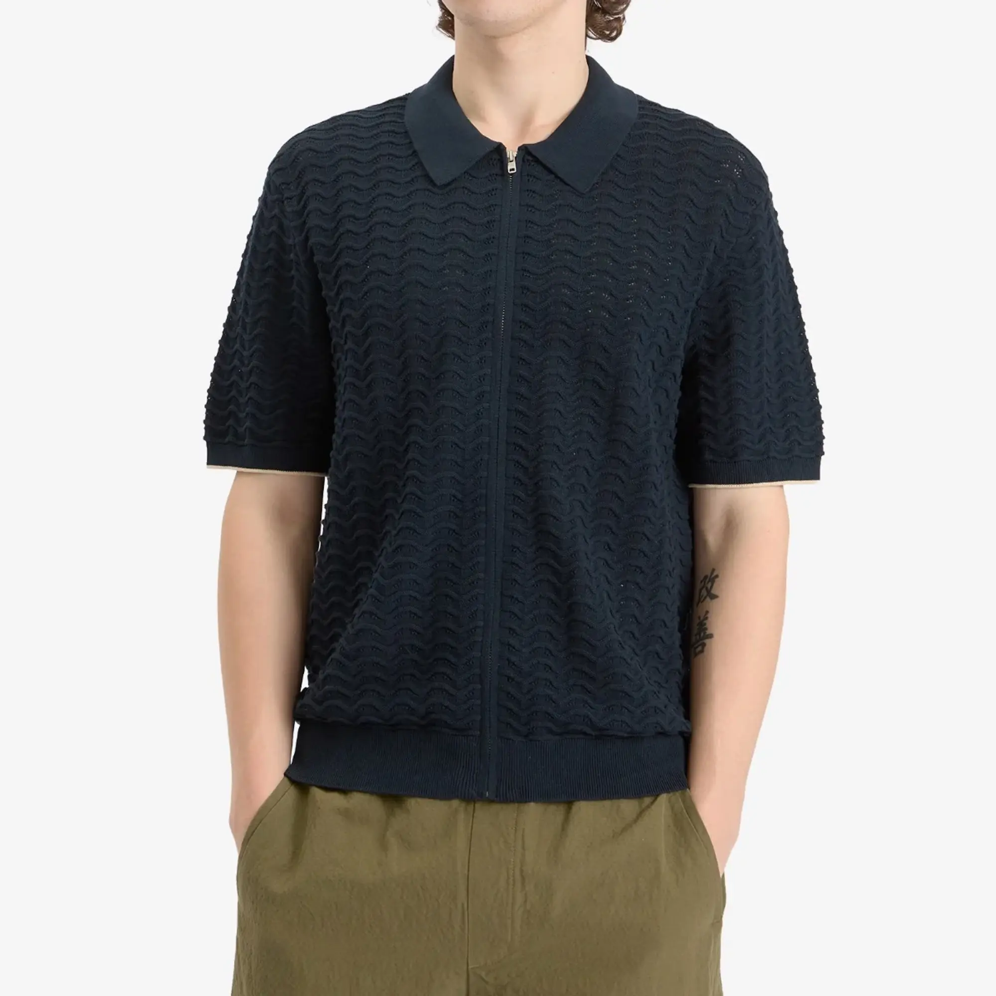 NN07 Men's Gustav Pointelle Stitch Zip Polo Navy Blue