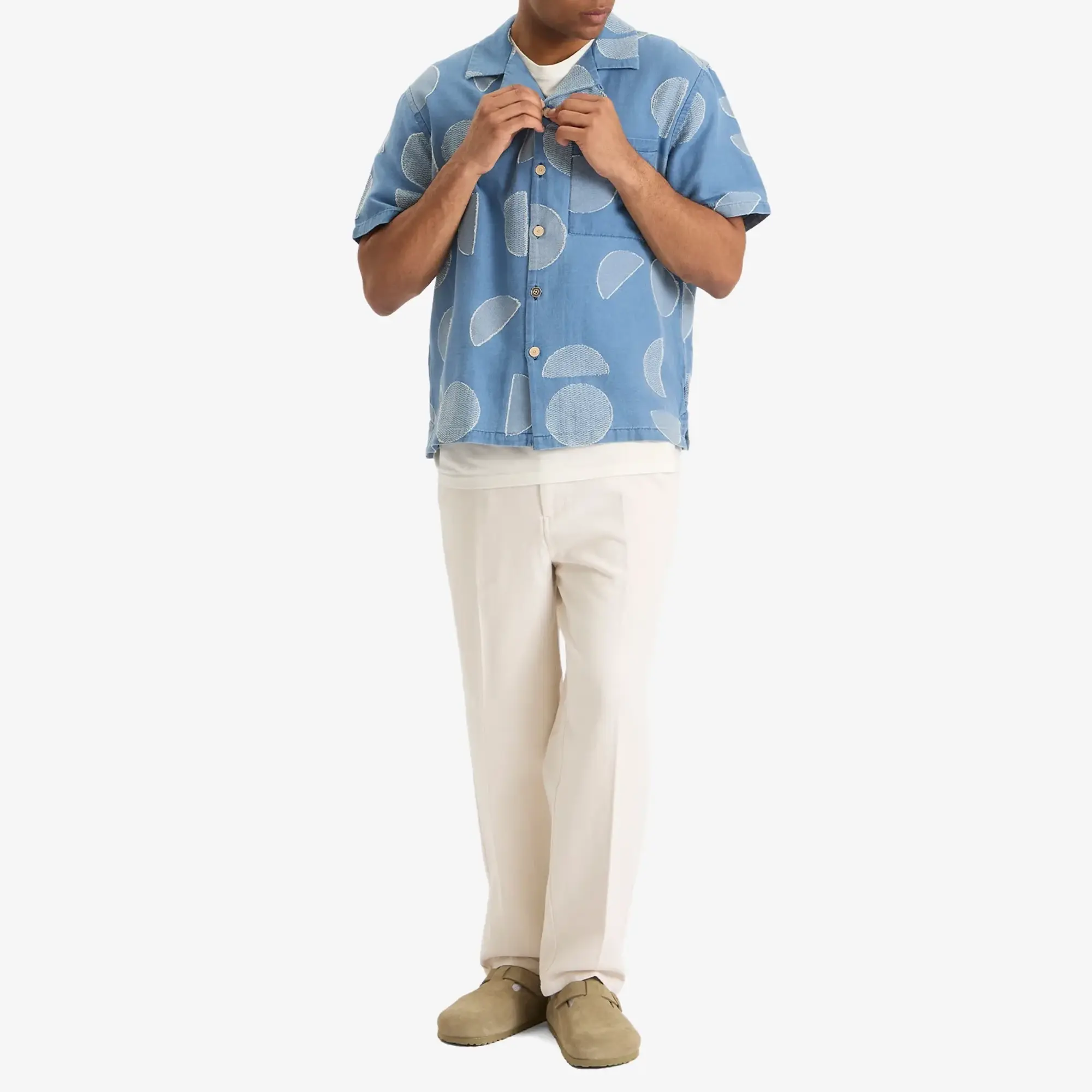Folk Men's Relaxed Soft Collar Vacation Shirt Inidigo Circle Jacquard