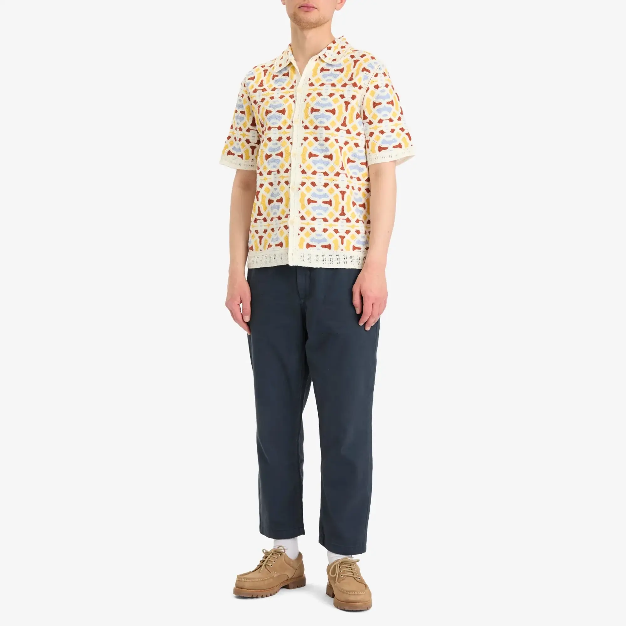 Wax London Men's Dorset Geo Tile Crochet Shirt Ecru/Multi