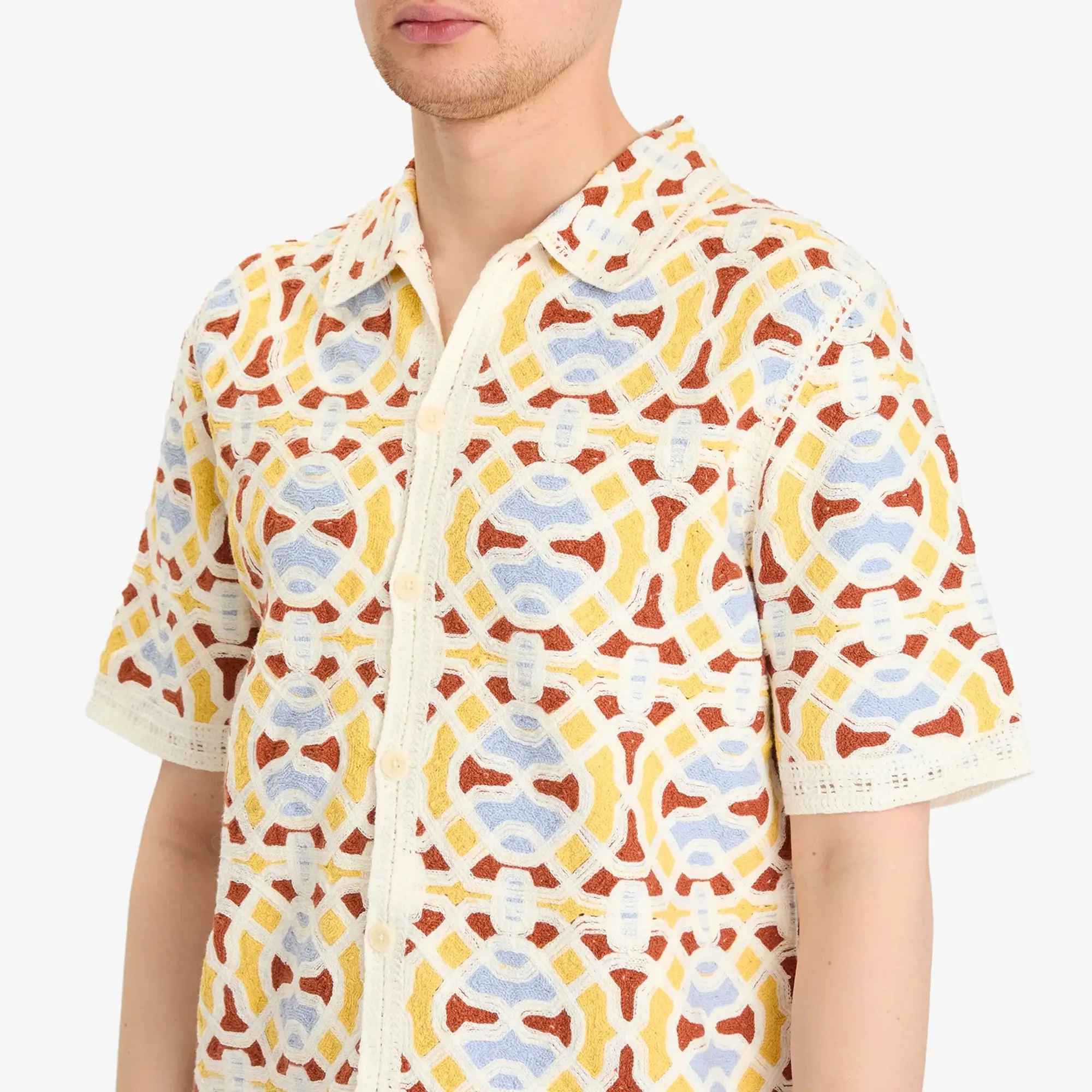 Wax London Men's Dorset Geo Tile Crochet Shirt Ecru/Multi
