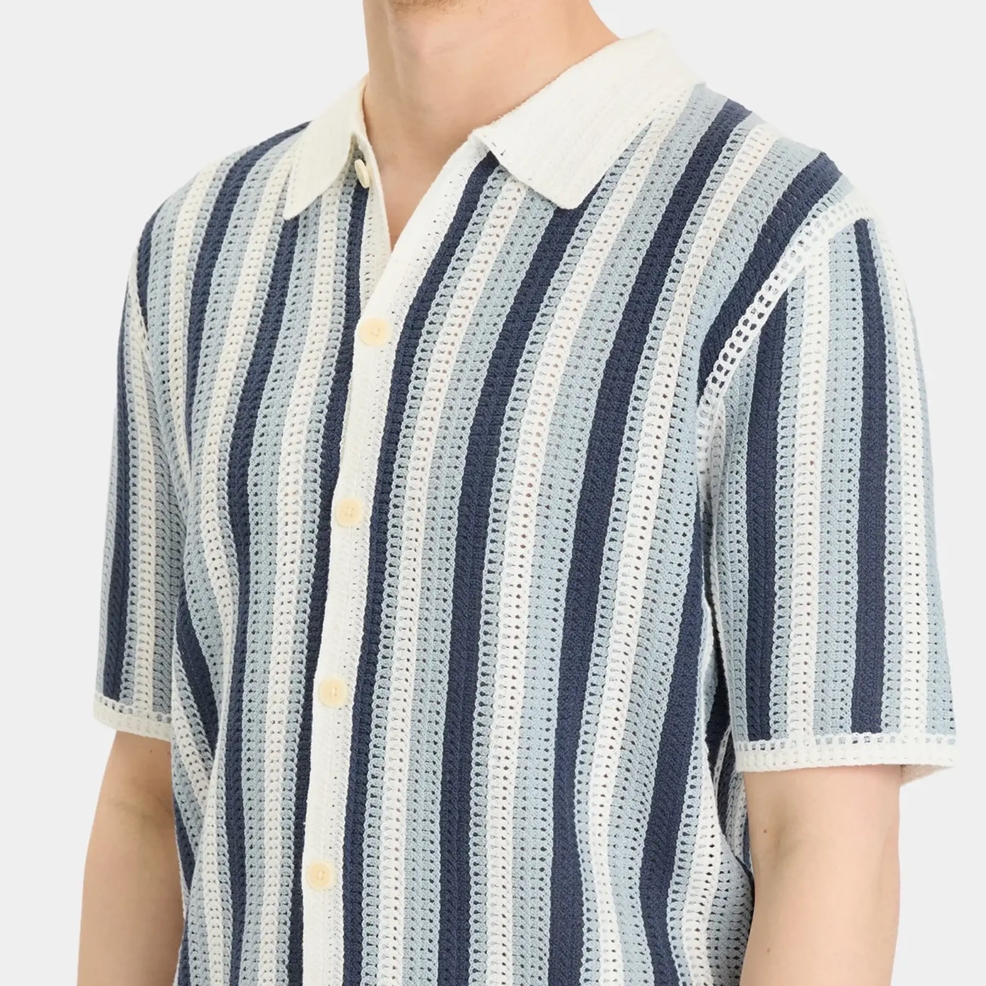 Wax London Men's Porto Stripe Crochet Shirt Blue/Ecru