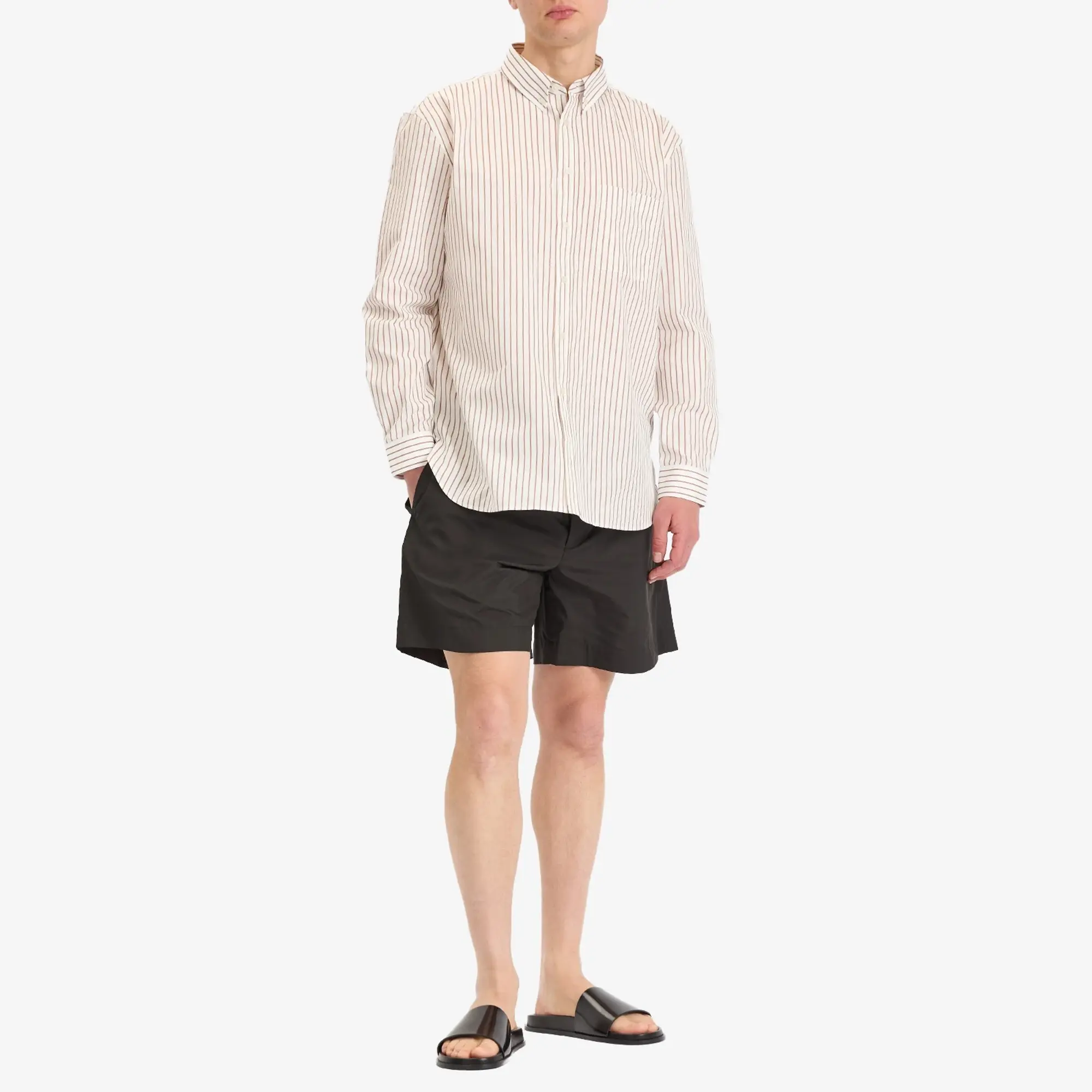 Saint Laurent Men's Stripe Shirt with YSL Embroidery Pocket Creme Caramel
