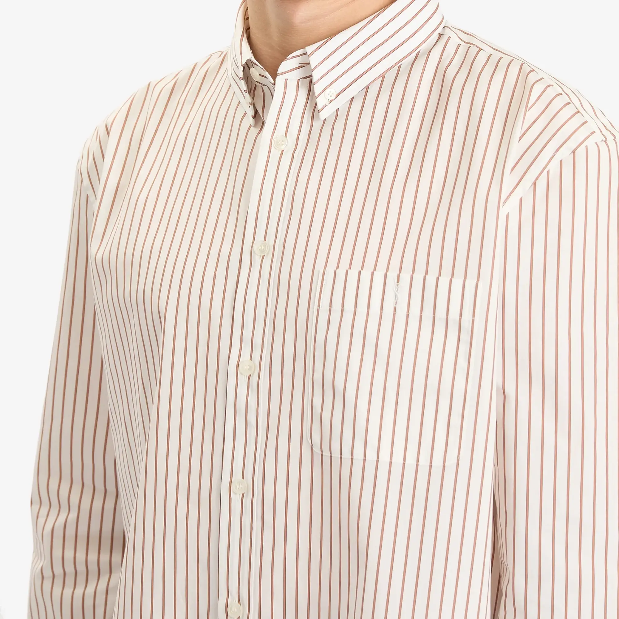 Saint Laurent Men's Stripe Shirt with YSL Embroidery Pocket Creme Caramel