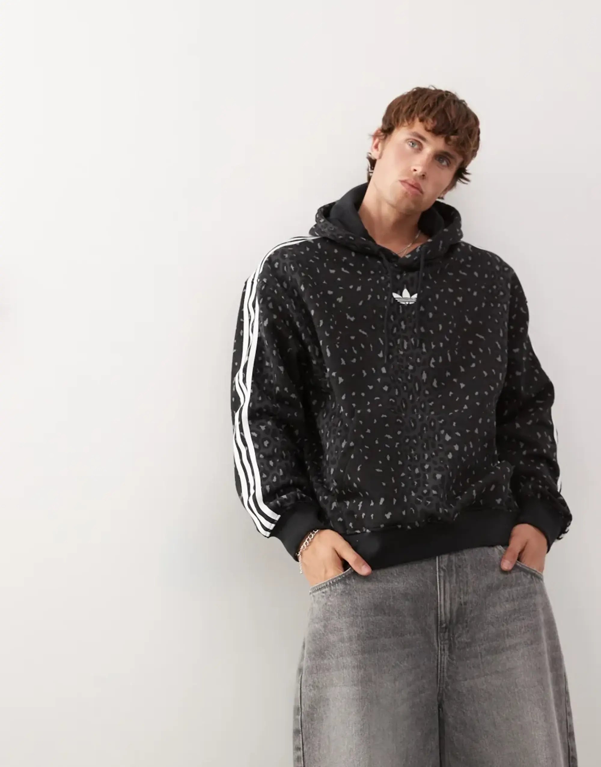 Adidas Originals Leo All Over Print Loose Hoodie In Black