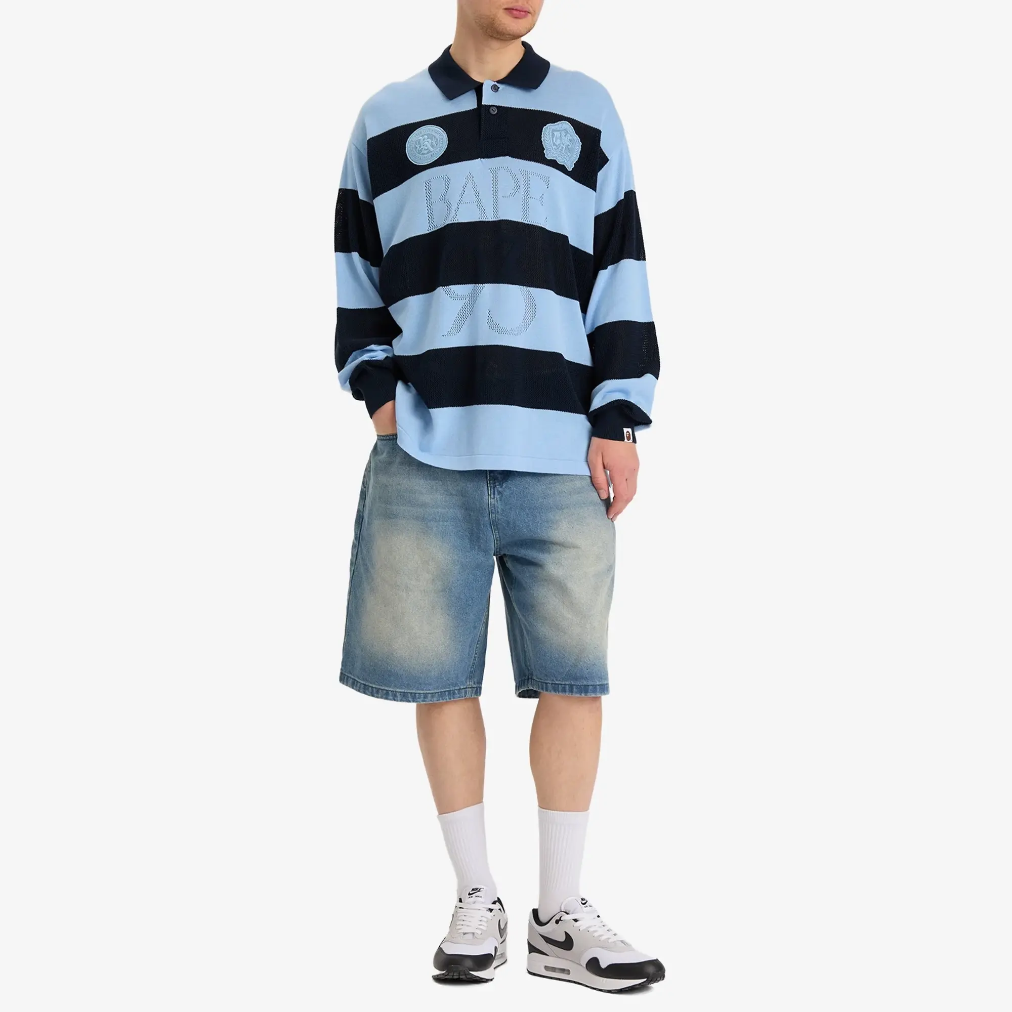 A Bathing Ape Men's Jacquard Multi Logo Stripe Relaxed Fit Ls Tee Navy