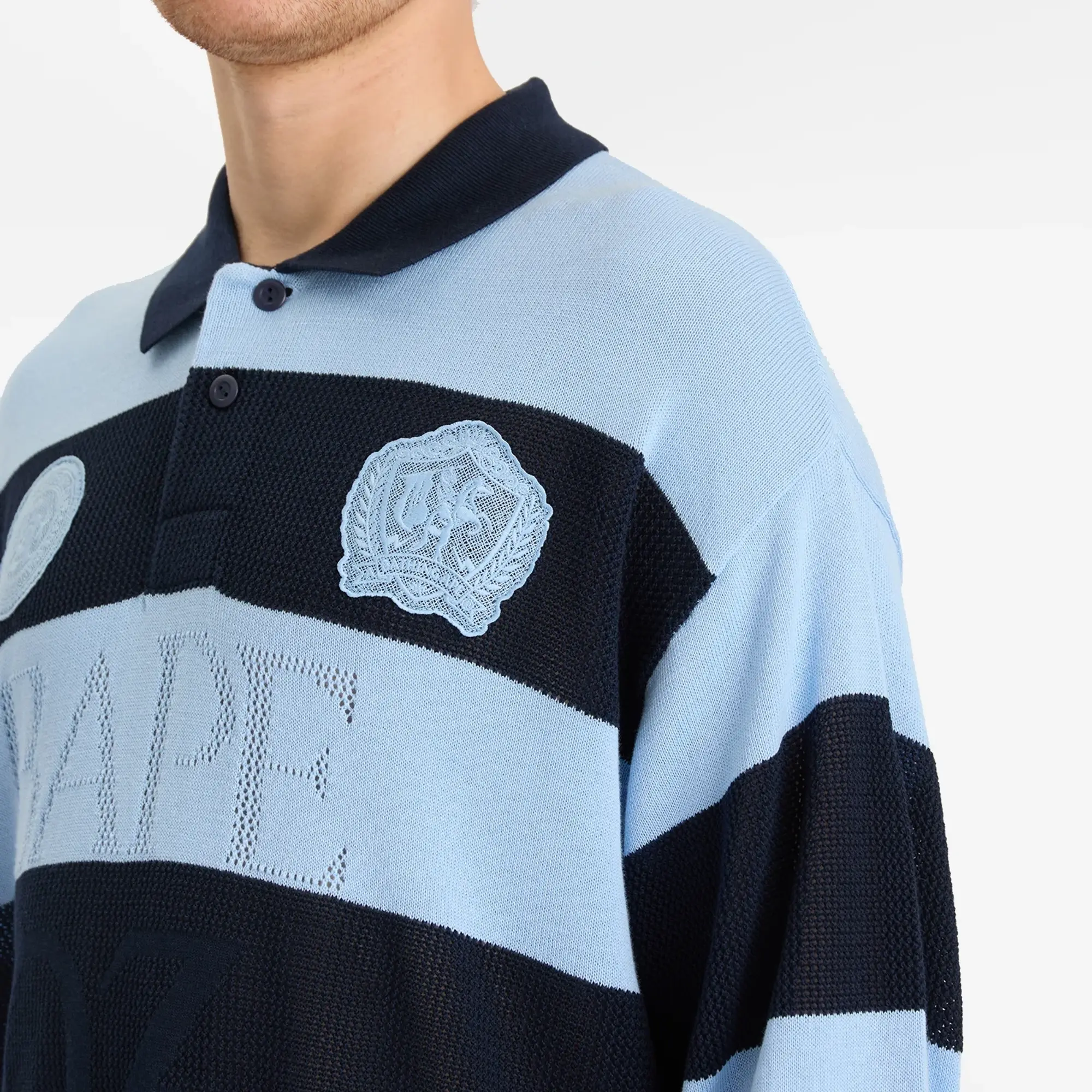 A Bathing Ape Men's Jacquard Multi Logo Stripe Relaxed Fit Ls Tee Navy