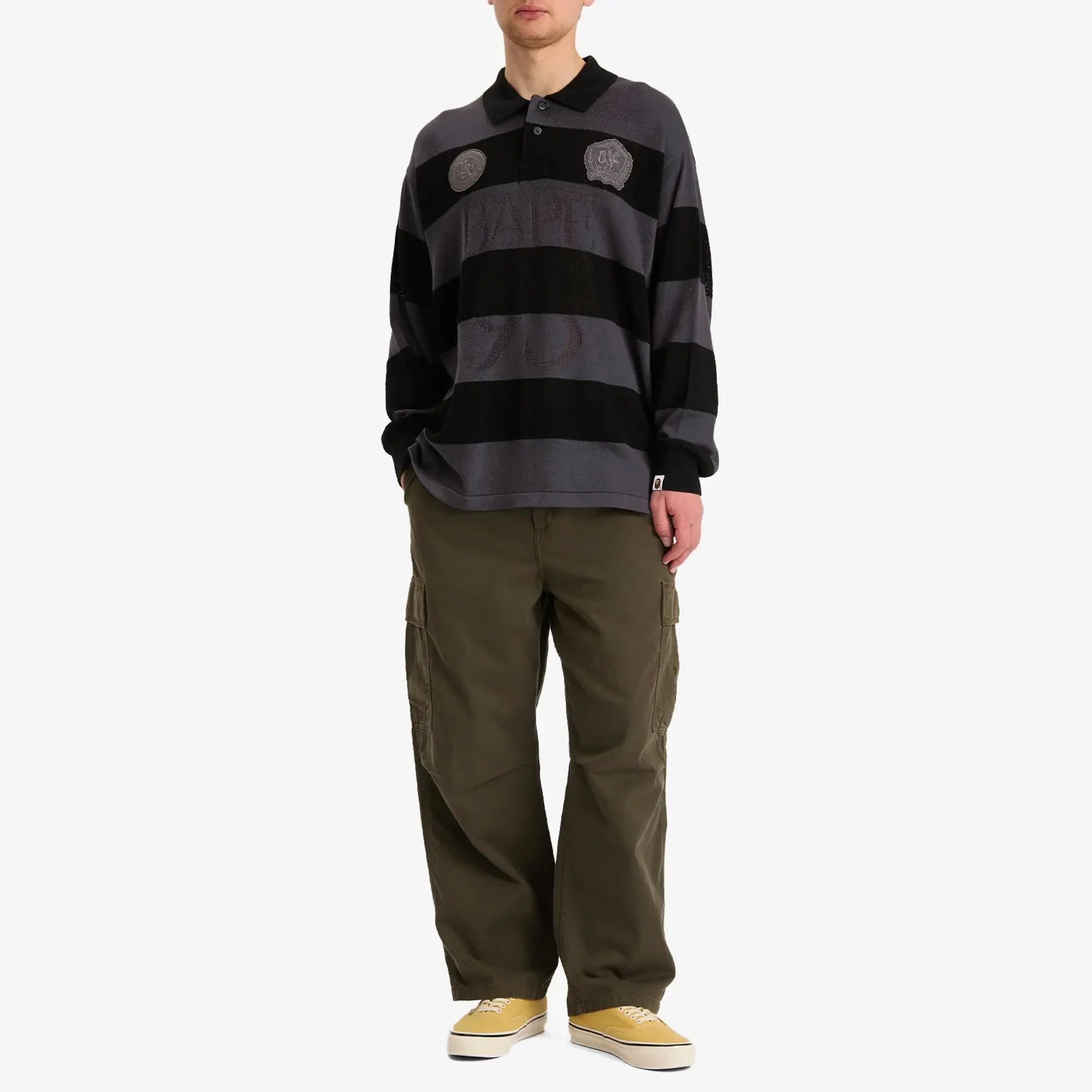A Bathing Ape Men's Jacquard Multi Logo Stripe Relaxed Fit Ls Tee Black