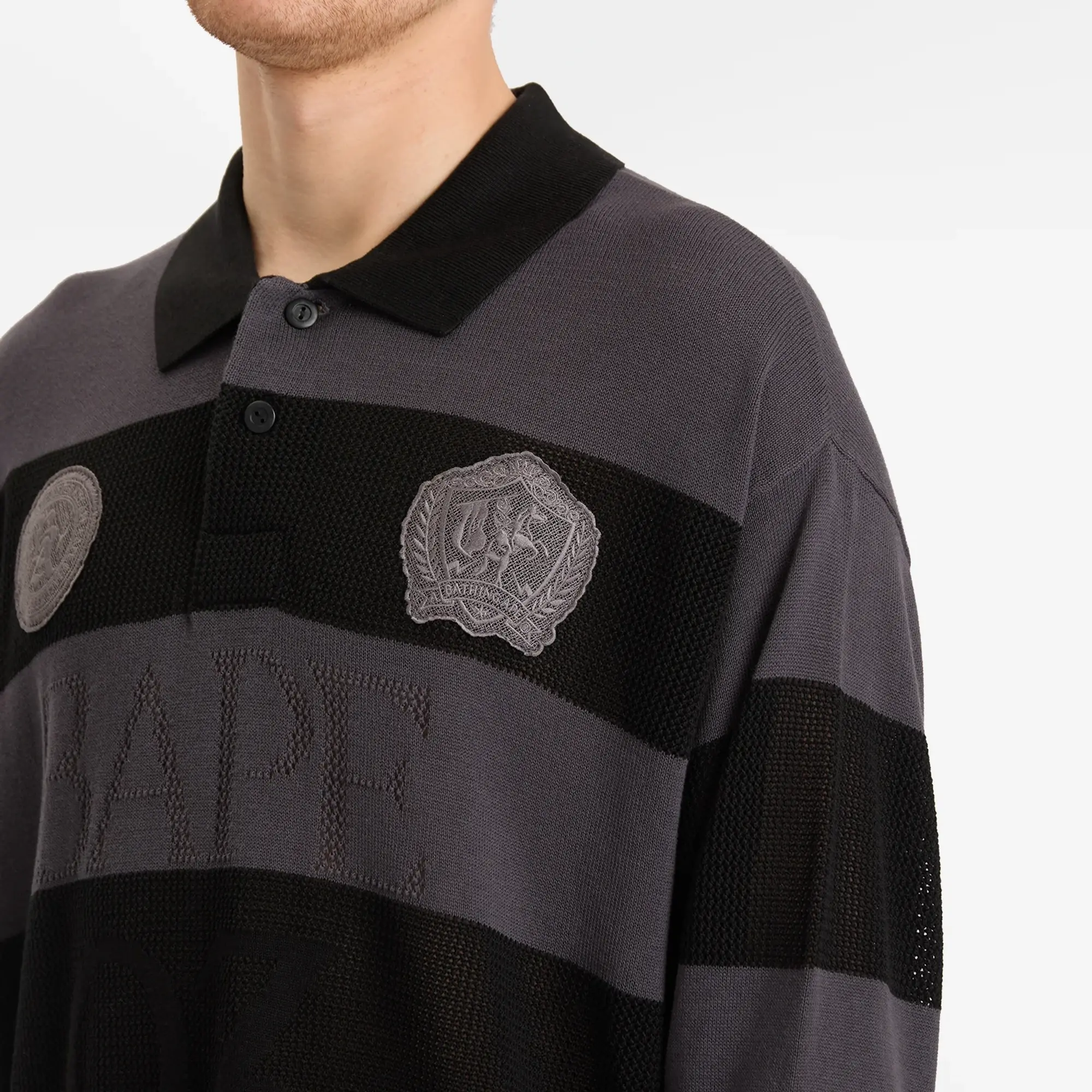 A Bathing Ape Men's Jacquard Multi Logo Stripe Relaxed Fit Ls Tee Black