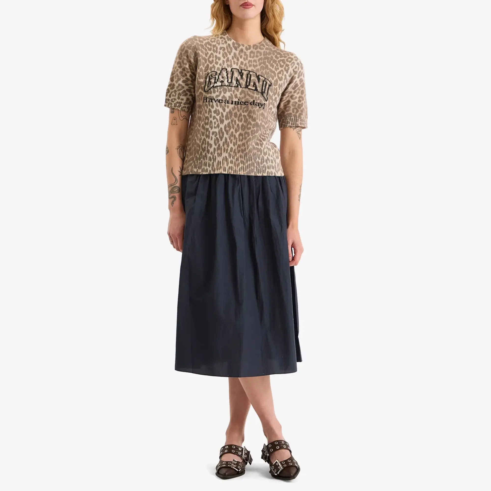 GANNI Women's Graphic Wool Mix Printed Leopard T-Shirt