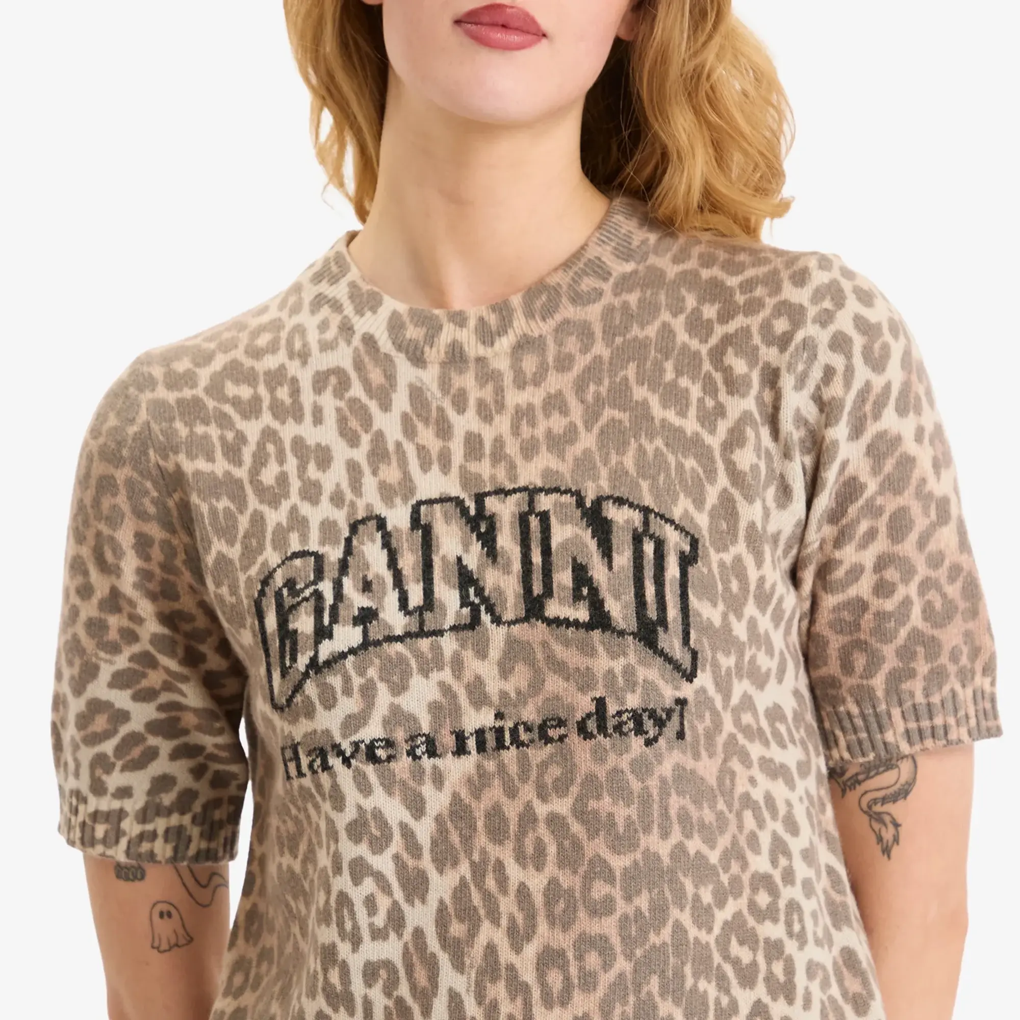 GANNI Women's Graphic Wool Mix Printed Leopard T-Shirt