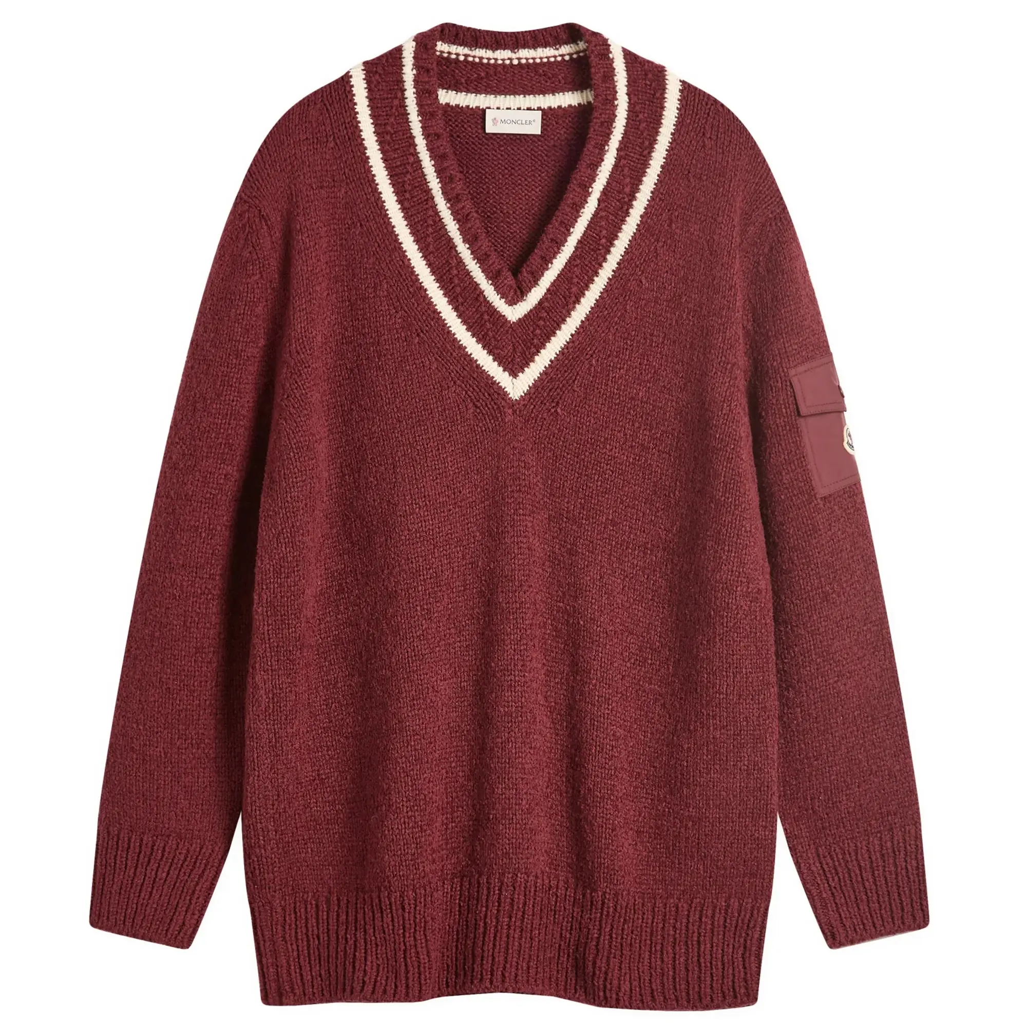 Moncler Women's V-Neck Varsity Sweater Burgundy
