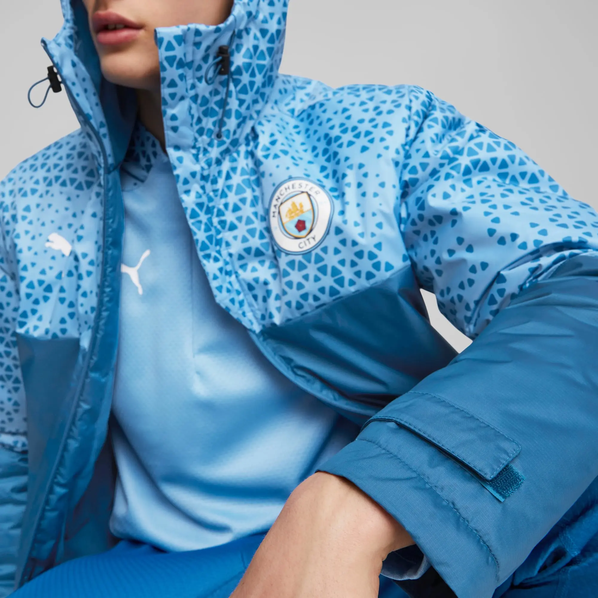 PUMA Manchester City Football Graphic Winter Jacket, Lake Blue/Light Blue, size 3XL
