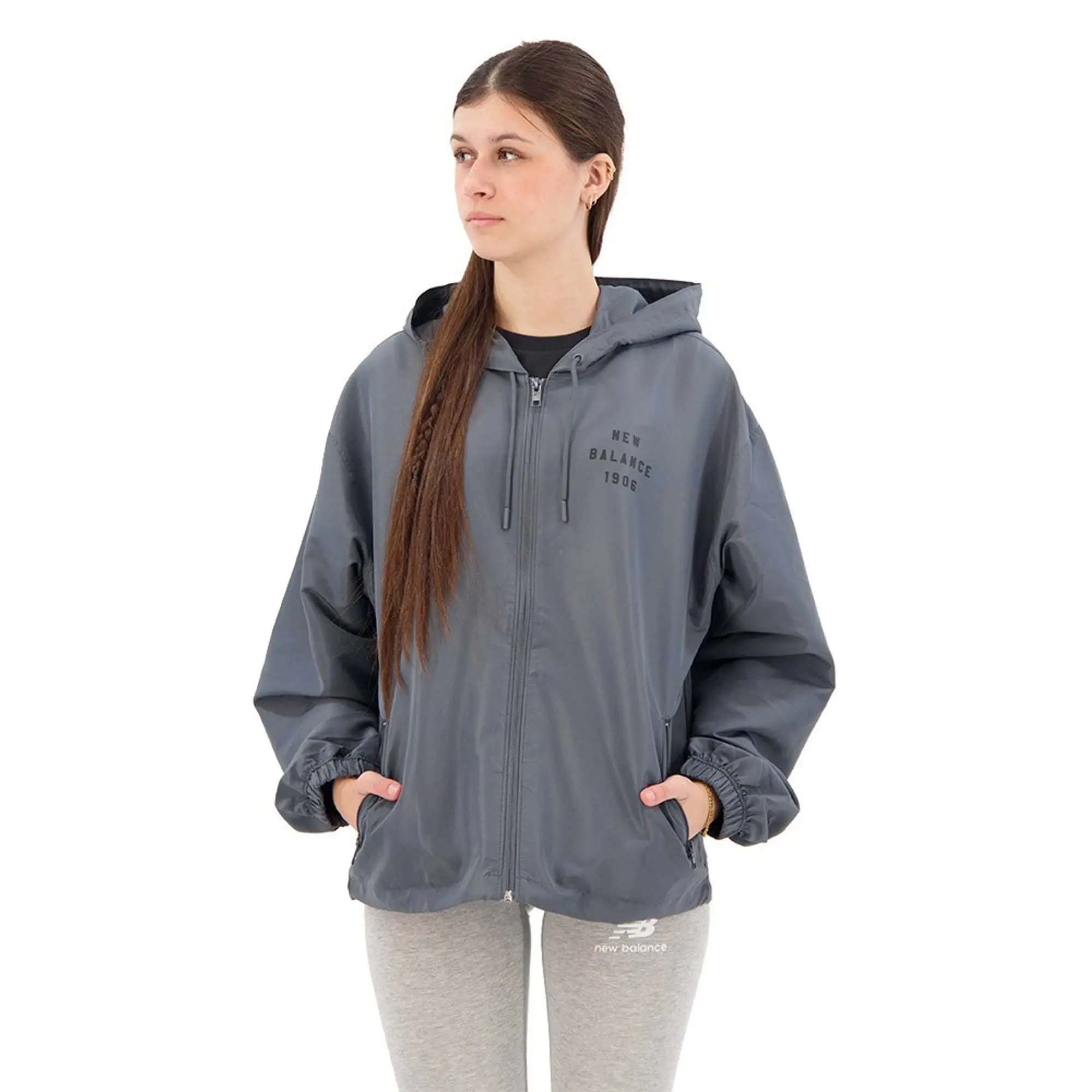 New Balance Women's Iconic Collegiate Woven Jacket in Grey Polywoven