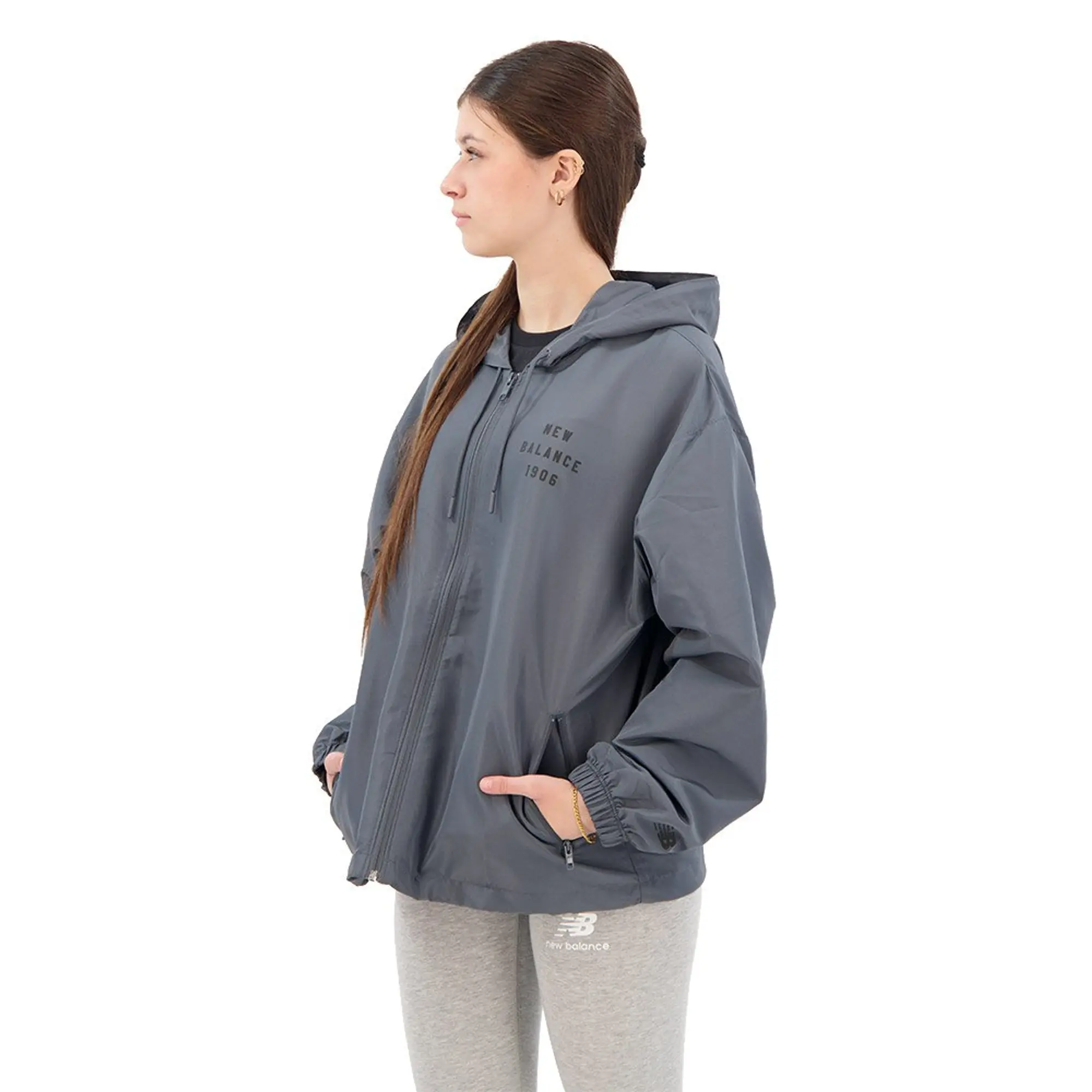 New Balance Women's Iconic Collegiate Woven Jacket in Grey Polywoven