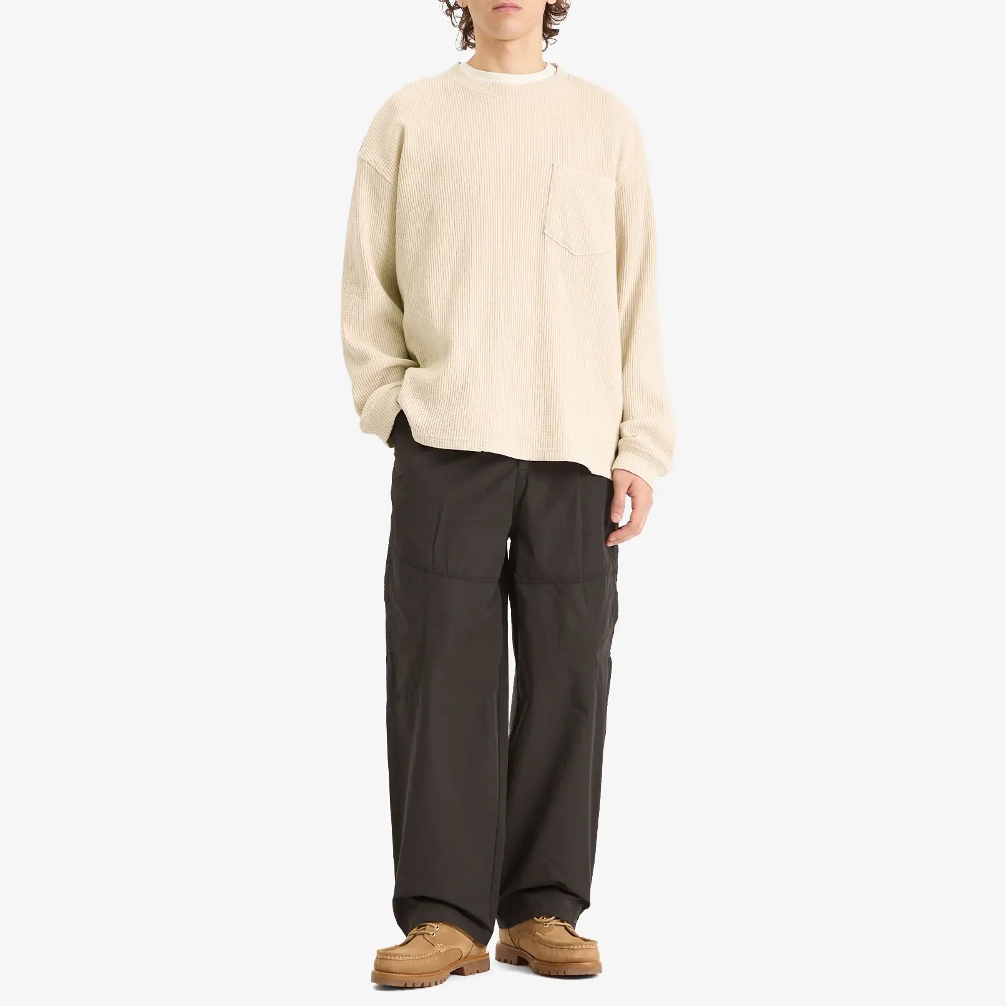 FrizmWORKS Men's Oversized Waffle Pocket Long Sleeve T-Shirt Cream