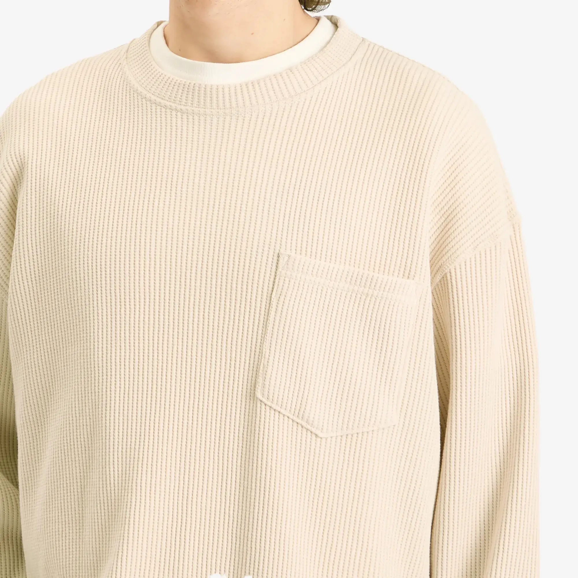 FrizmWORKS Men's Oversized Waffle Pocket Long Sleeve T-Shirt Cream
