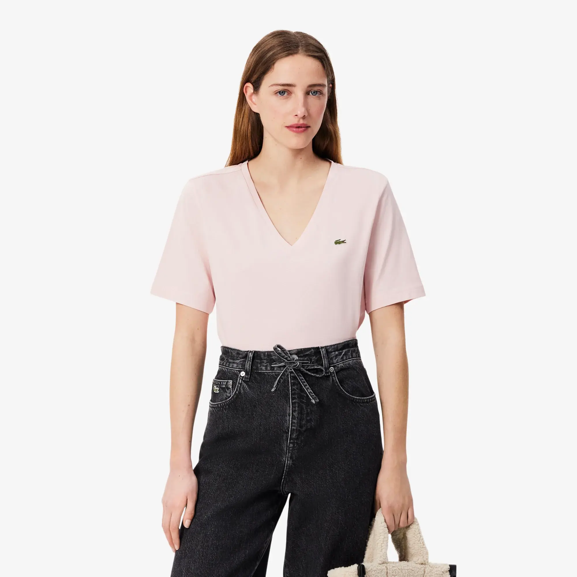 Lacoste Relaxed Fit Soft Cotton V Neck T-shirt - Light Pink
