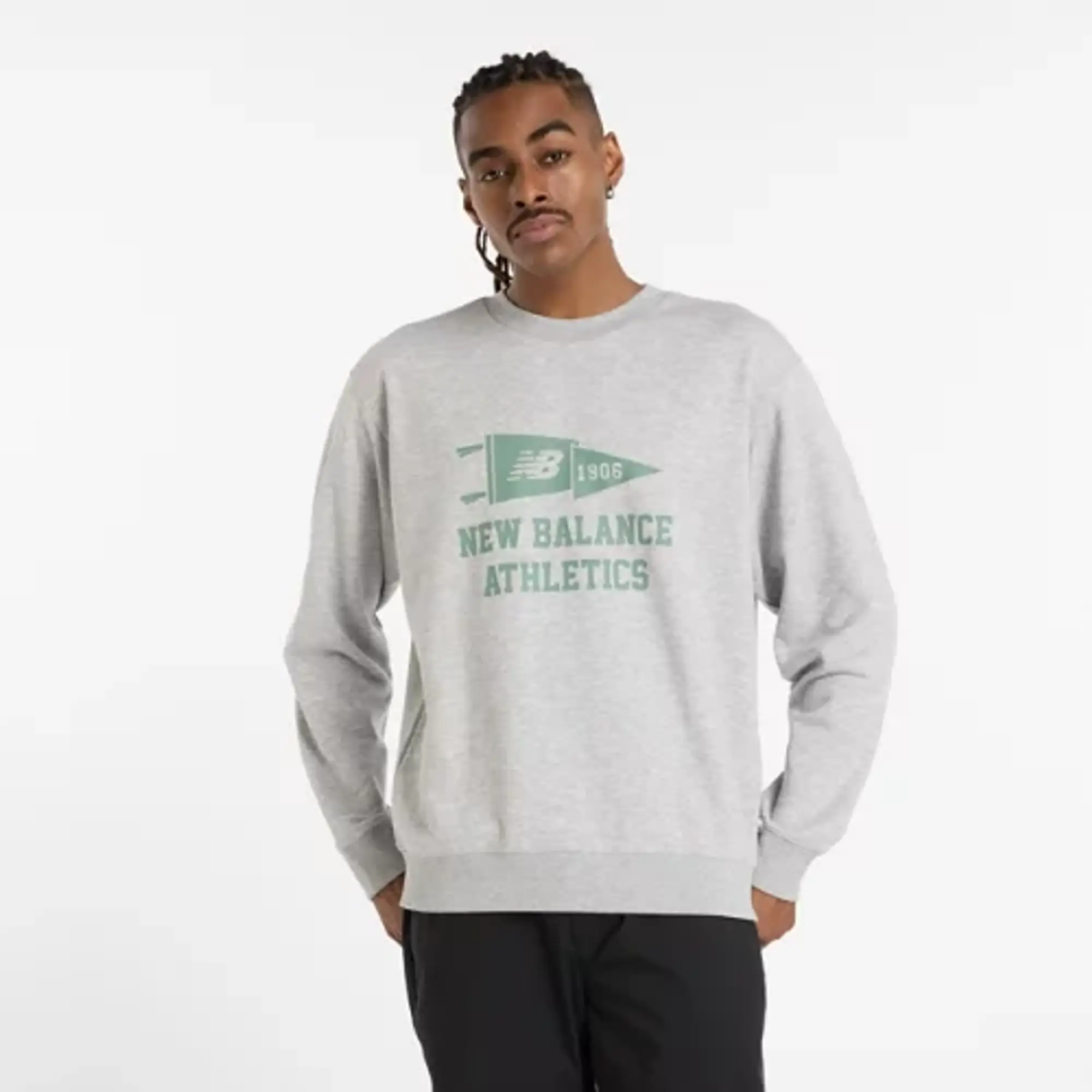New Balance Men's Varsity Pennant Crew in Grey Cotton Fleece