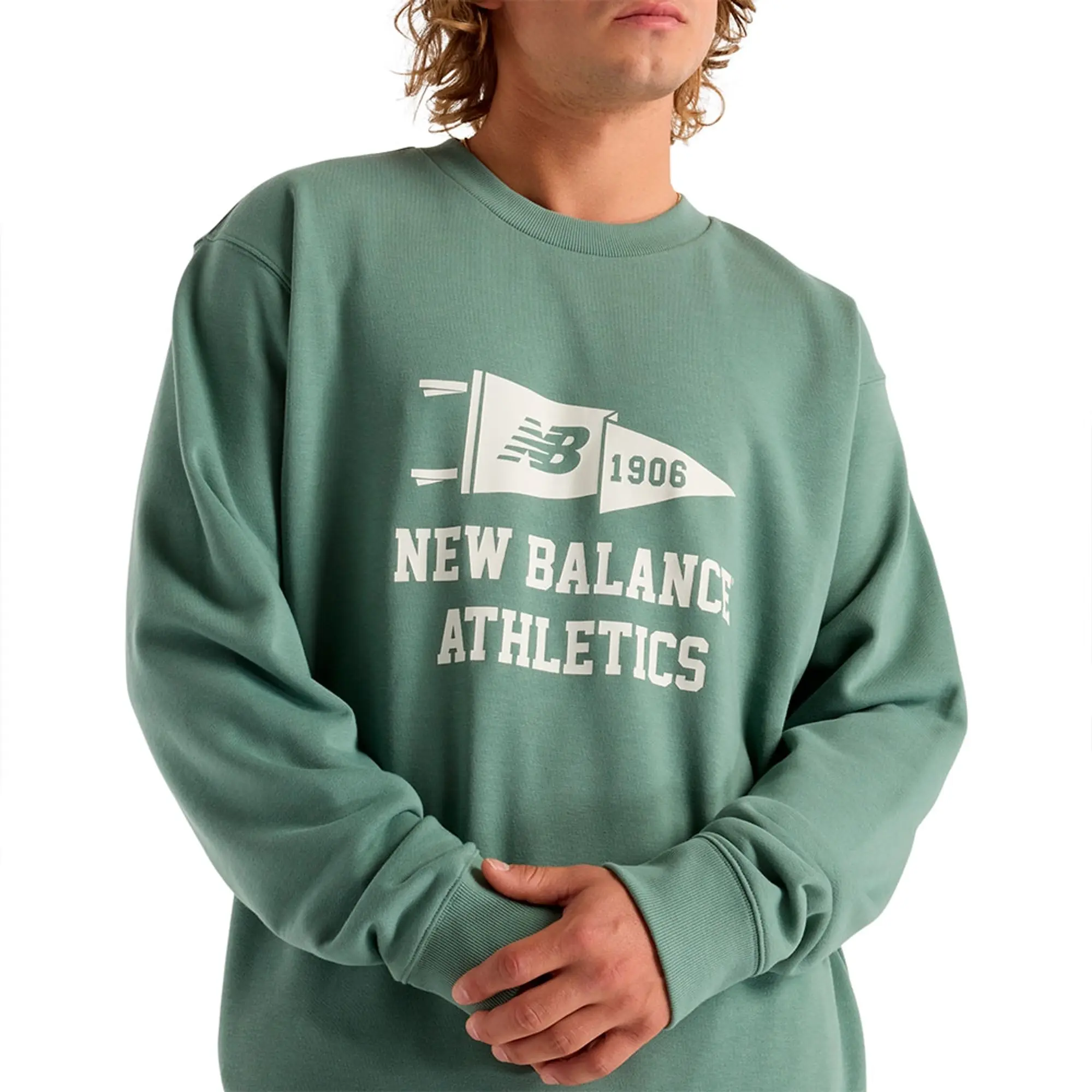 New Balance Men's Varsity Pennant Crew in Green Cotton Fleece