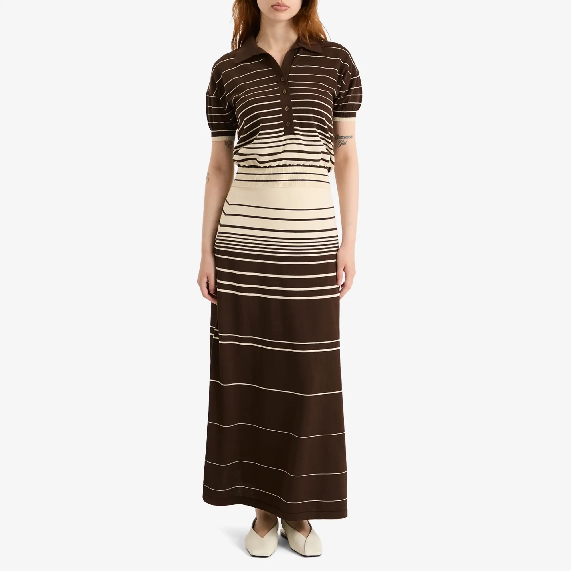 Faithfull The Brand Women's Sable Polo Shirt Accordion Stripe Brown Beige