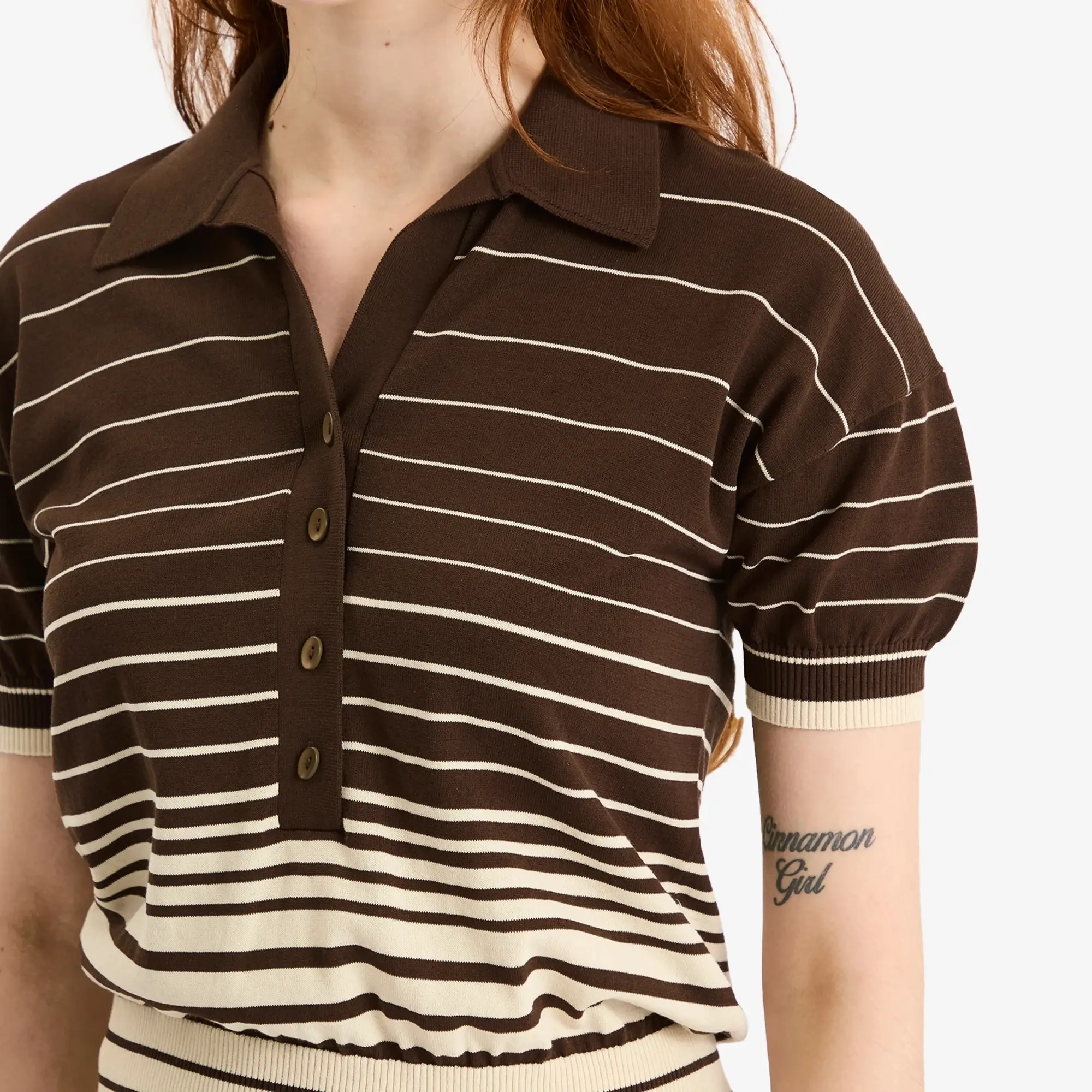 Faithfull The Brand Women's Sable Polo Shirt Accordion Stripe Brown Beige