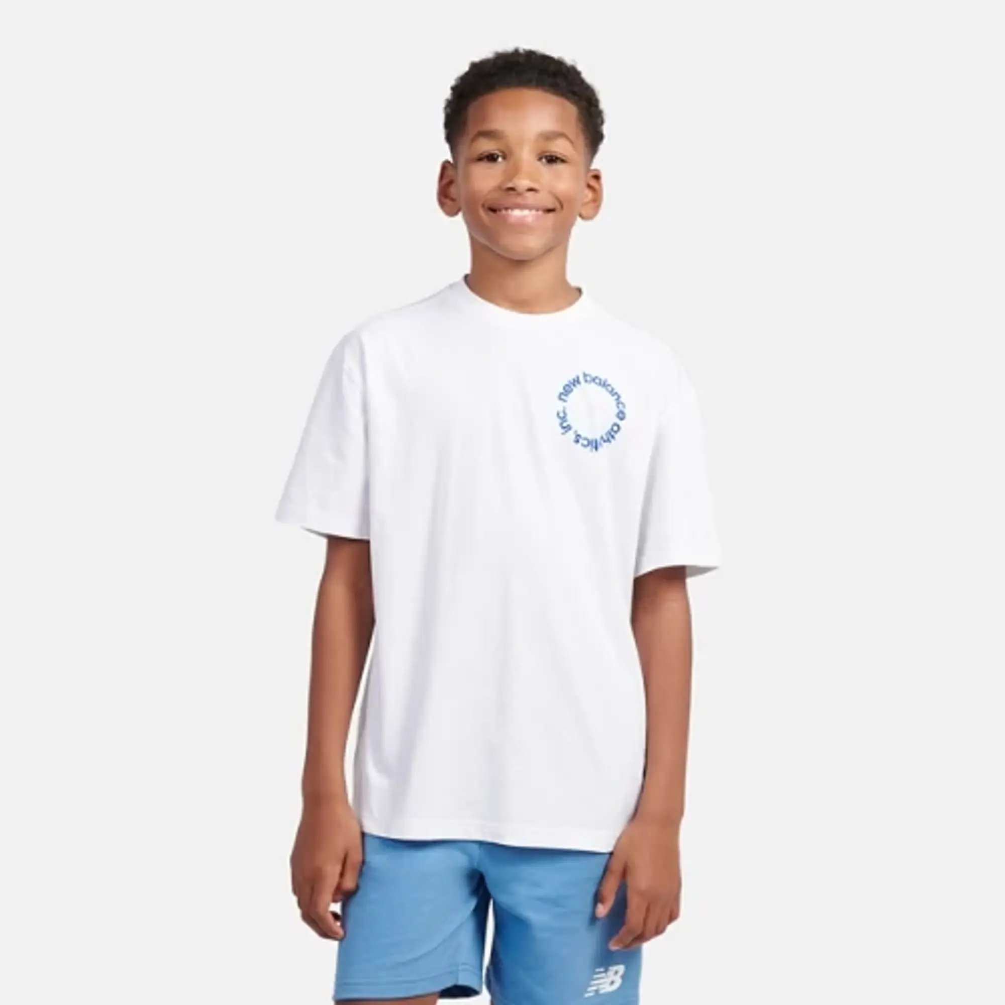 New Balance Boys Circular Logo Graphic T-Shirt in White Cotton Jersey