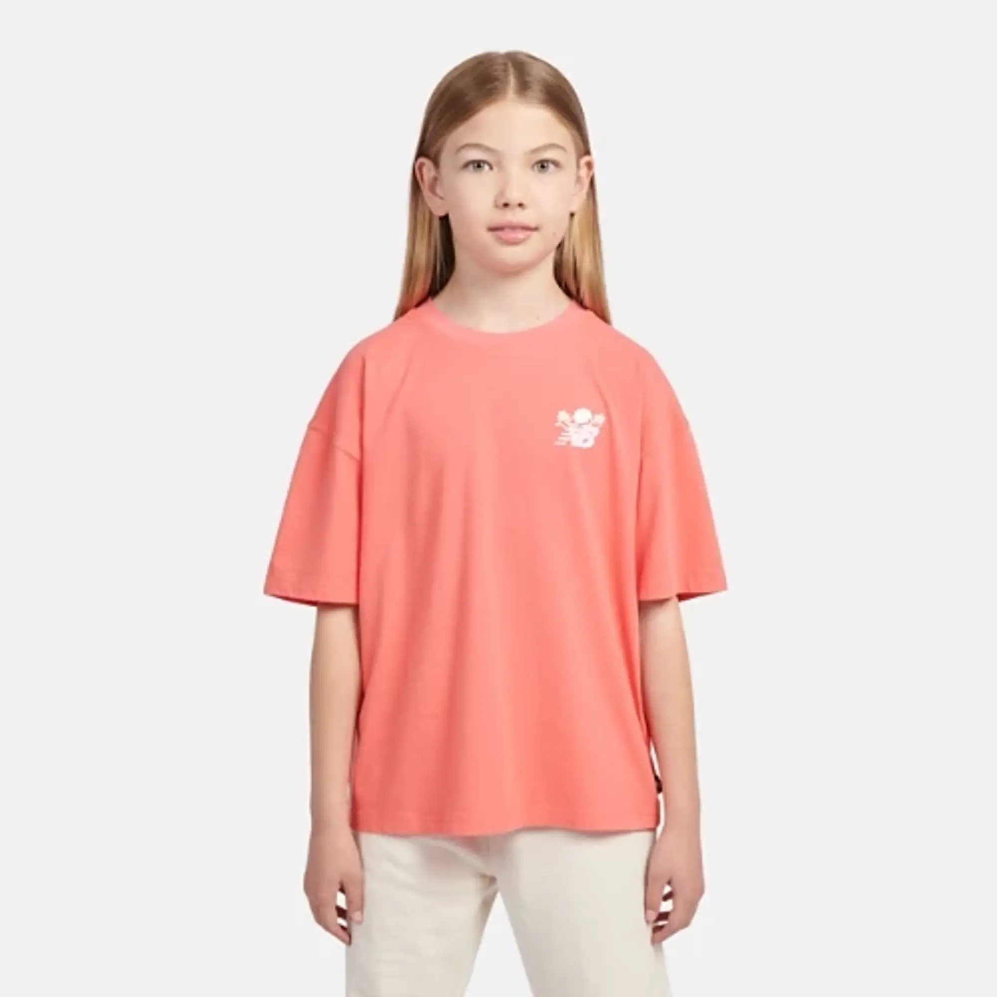 New Balance Girls Floral Vines Back Graphic T-Shirt in Red Cotton Jersey
