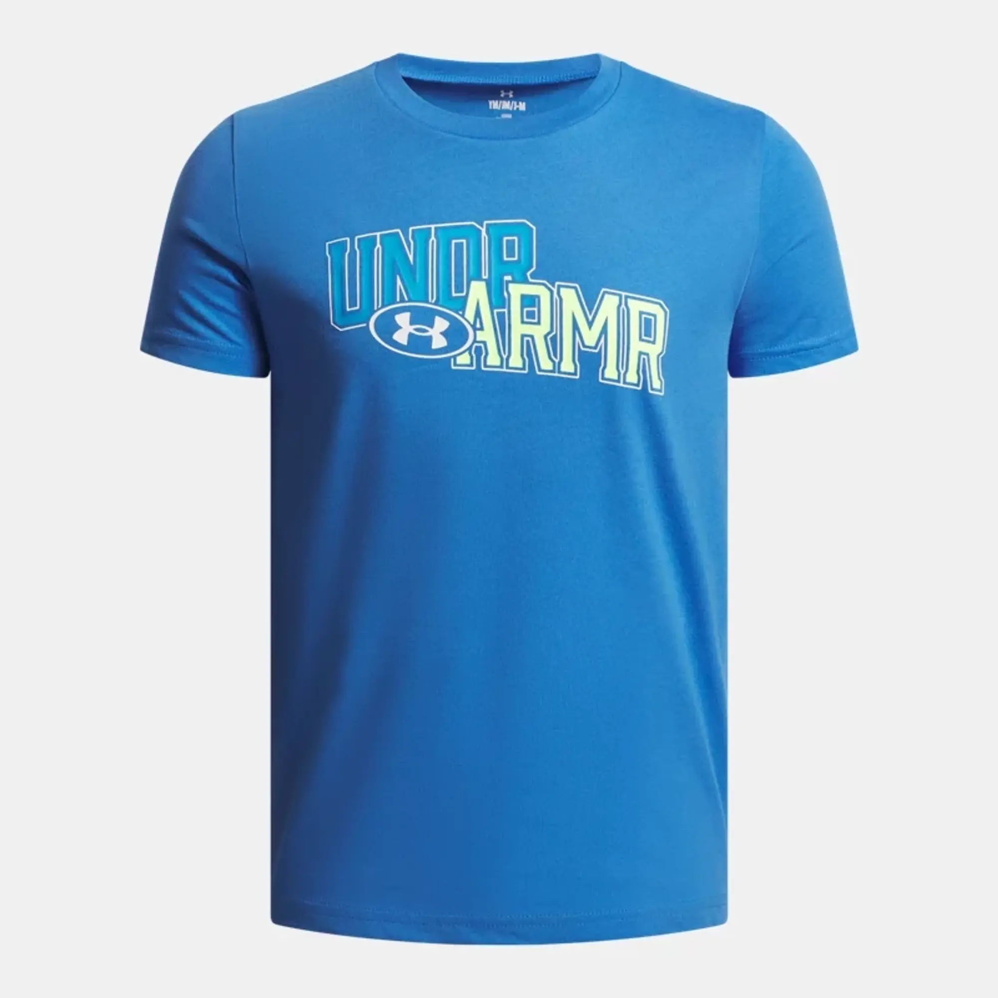 Under Armour  Overlay Wordmark Boys' Short Sleeve Blue Atlantis / High Vis Yellow YLG (59 - 63 in)