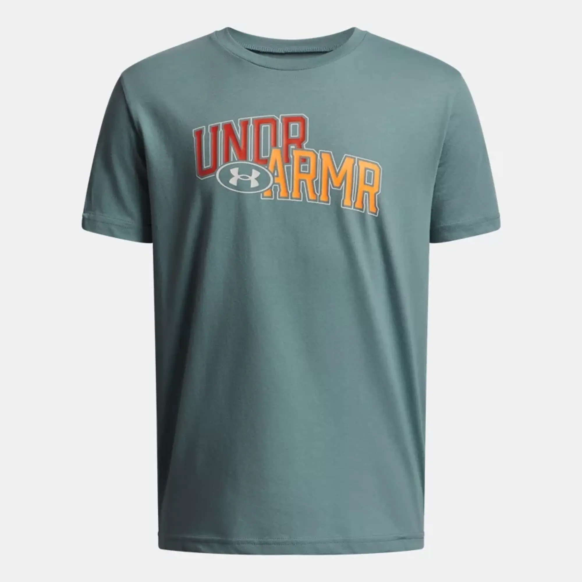 Under Armour  Overlay Wordmark Boys' Short Sleeve Serpentine / Blaze Orange YLG (59 - 63 in)