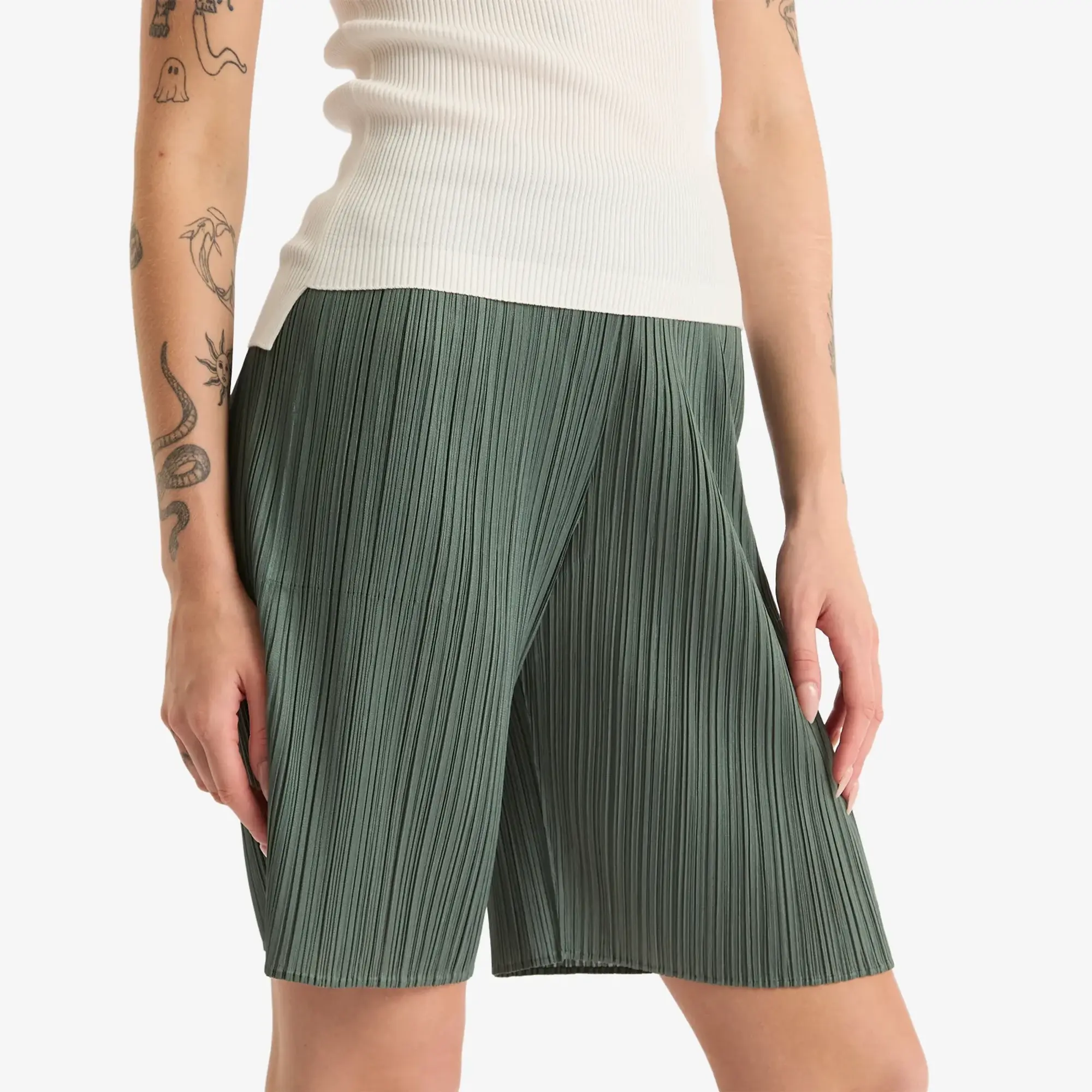 Pleats Please Issey Miyake Women's Pleated Shorts Moss Green