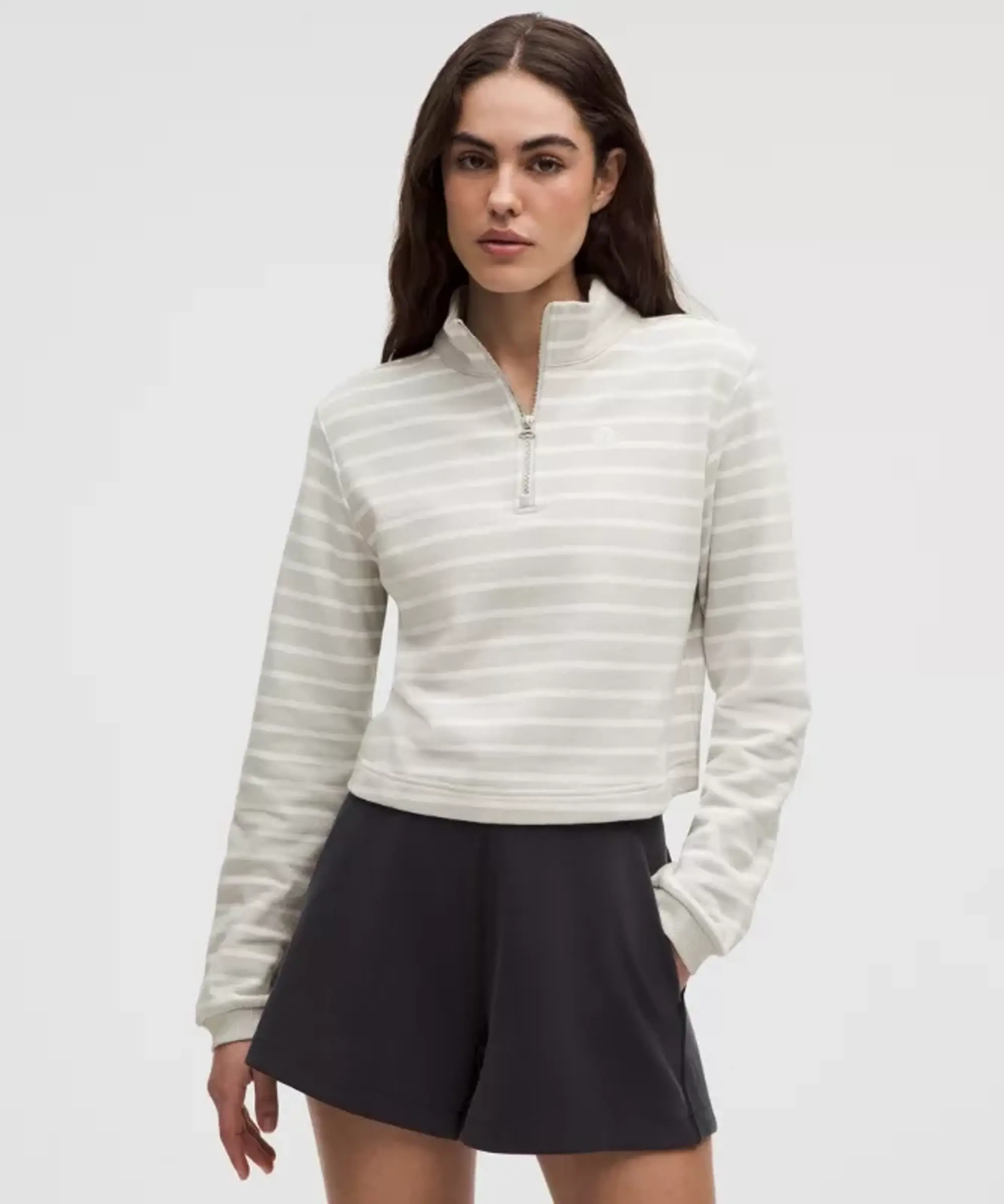 lululemon – Women's Cotton French Terry Cropped Half Zip Sweatshirt – Color White/Grey – Size L