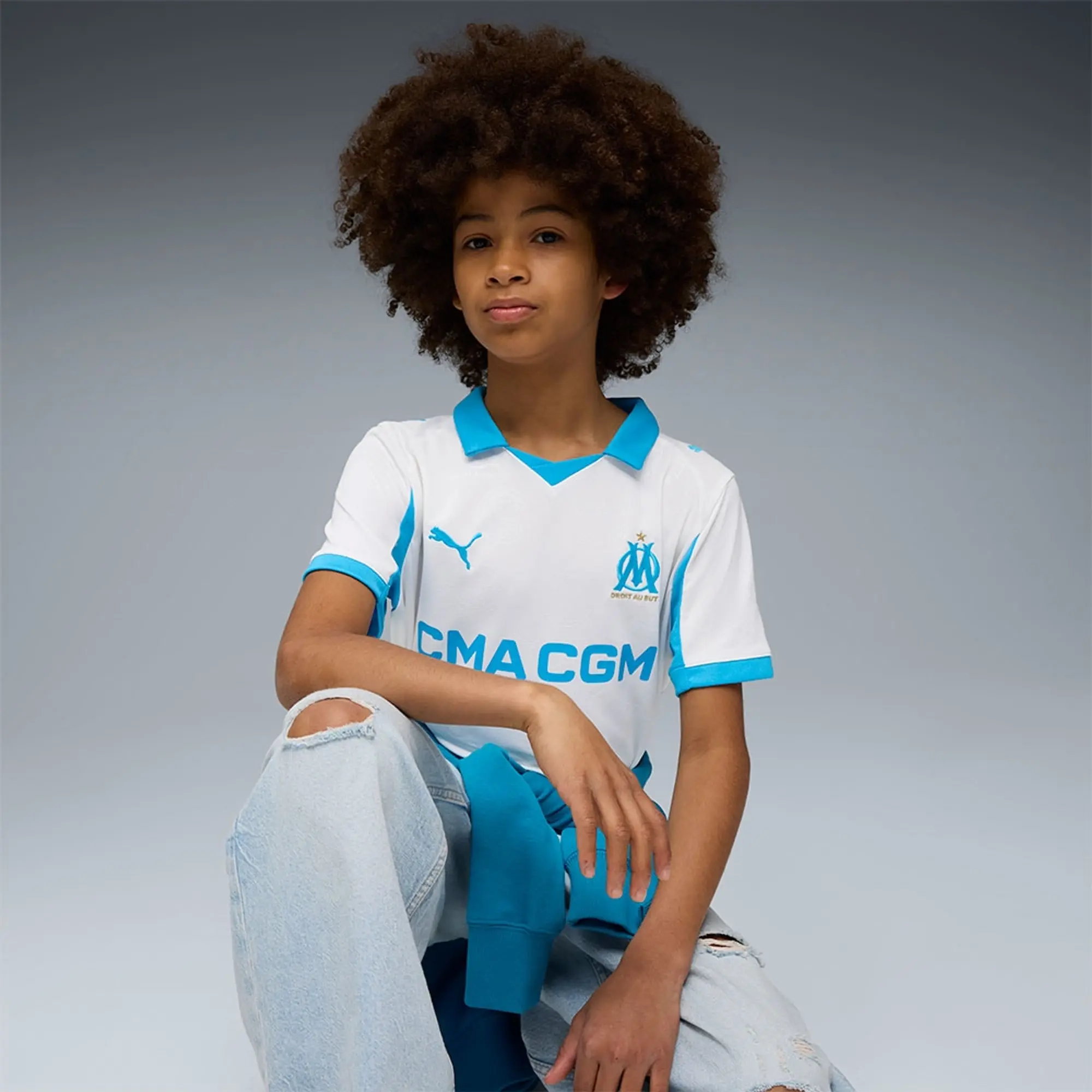 PUMA Olympique Marseille 25/26 Home Jersey Youth, White/Azure