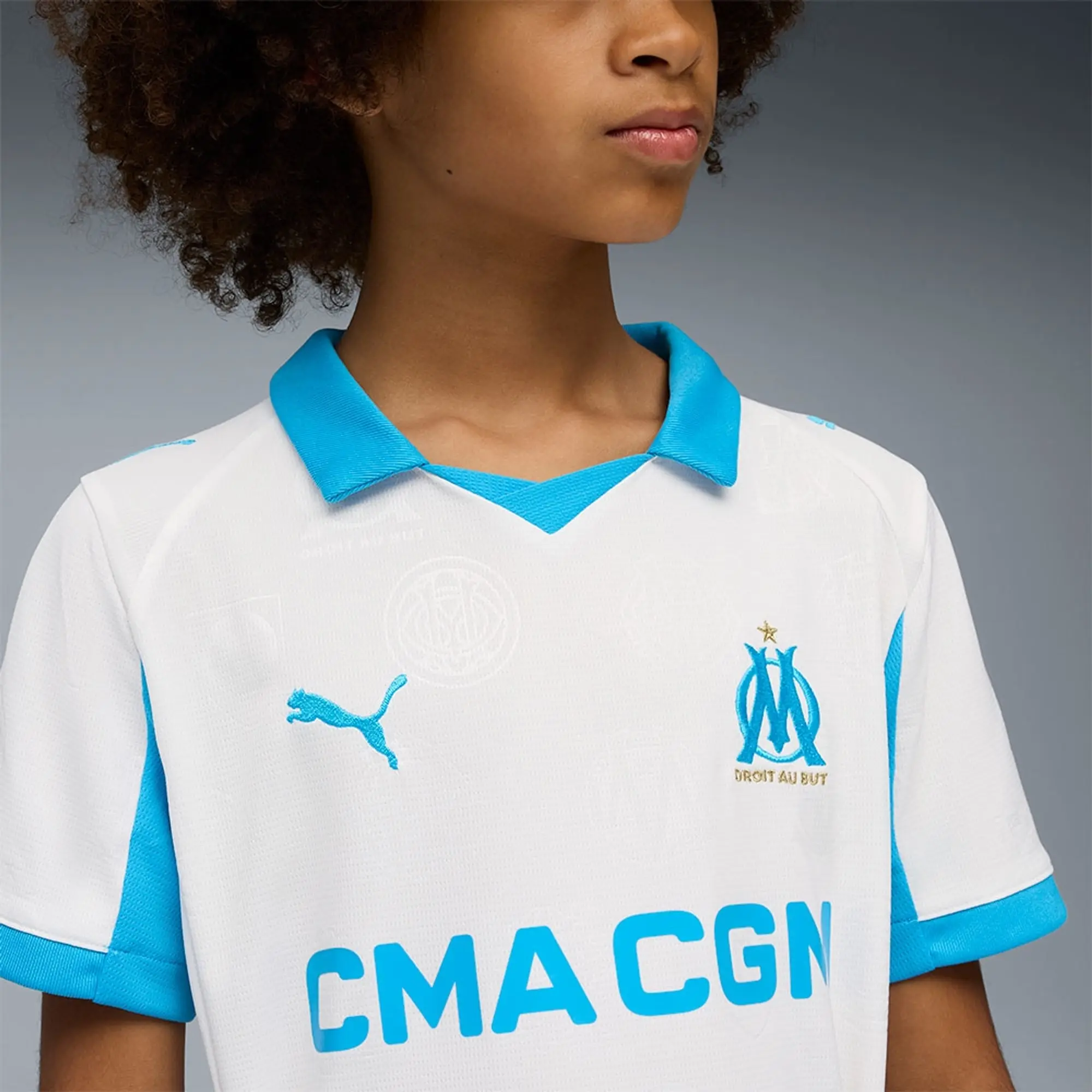 PUMA Olympique Marseille 25/26 Home Jersey Youth, White/Azure